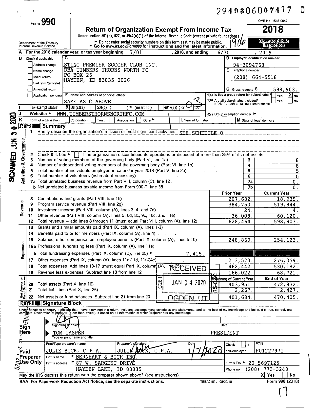 Image of first page of 2018 Form 990 for Timbers Thorns North FC