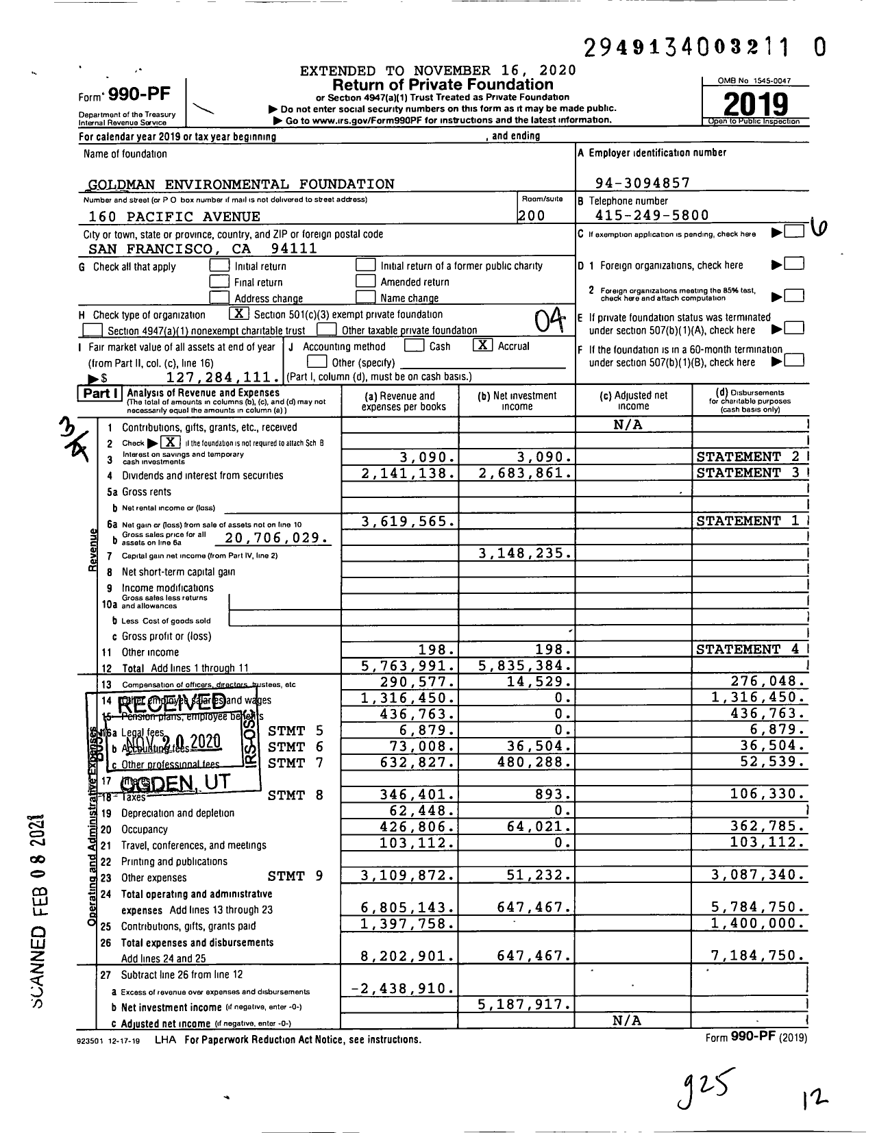 Image of first page of 2019 Form 990PF for Goldman Environmental Foundation