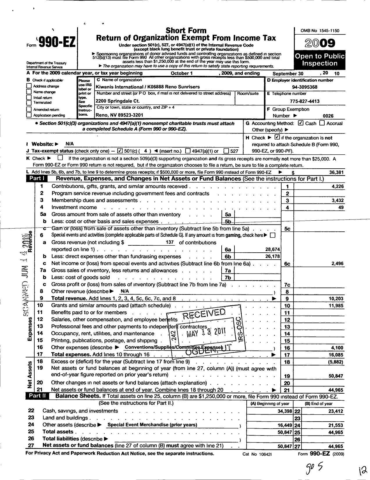 Image of first page of 2009 Form 990EO for Kiwanis International - K06888 Reno Sunrisers