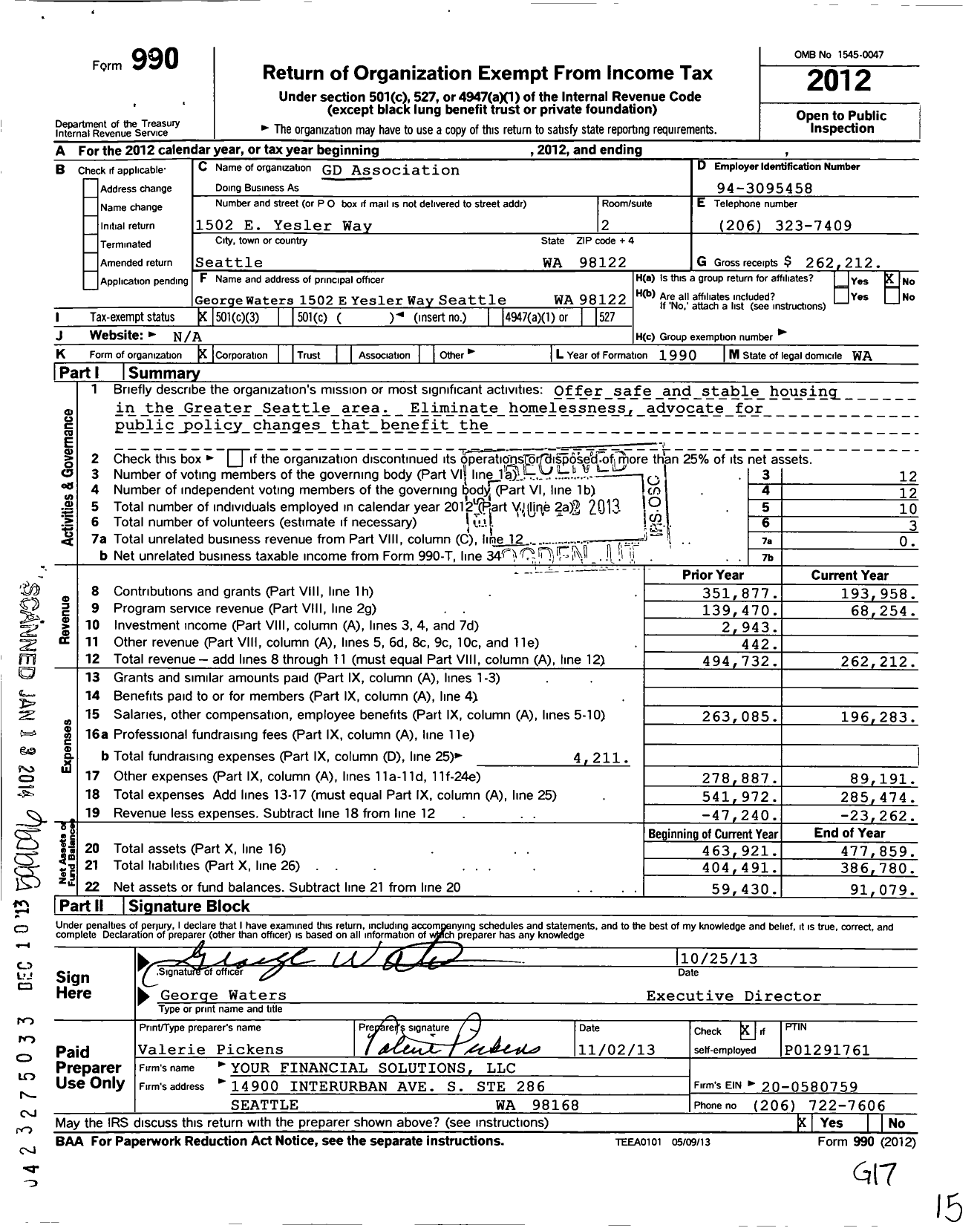 Image of first page of 2012 Form 990 for GD Association