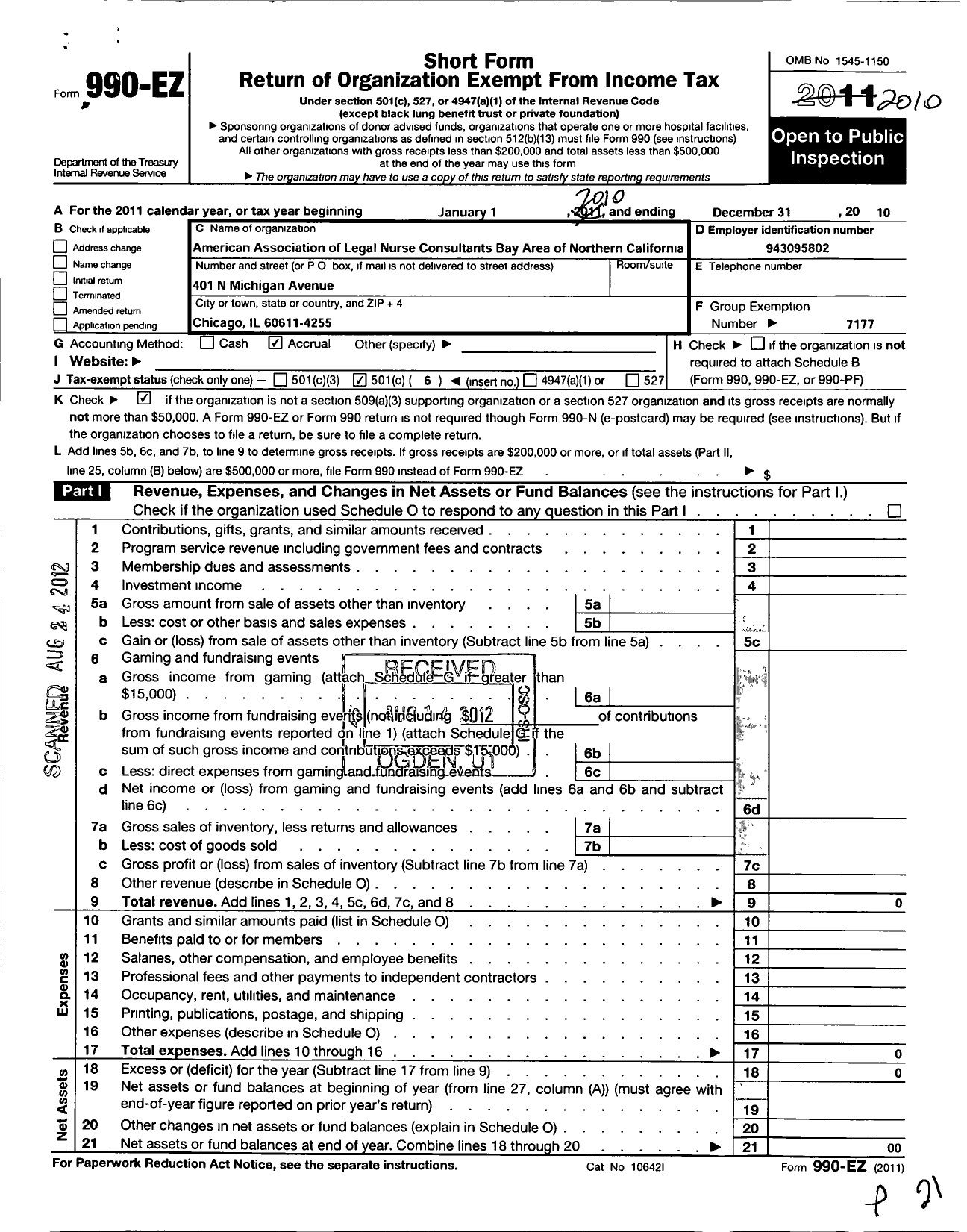 Image of first page of 2010 Form 990EO for American Association of Legal Nurse Consultants / Bay Area of Northern Ca Chapter