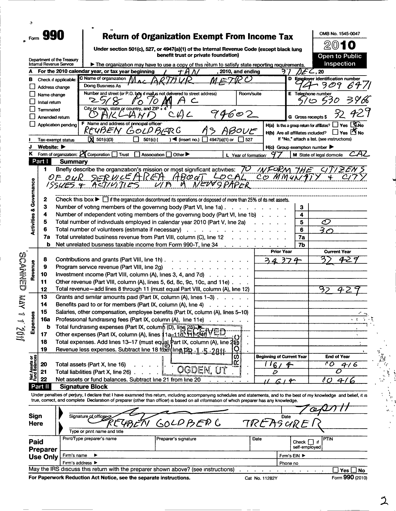 Image of first page of 2010 Form 990 for Macarthur Metro