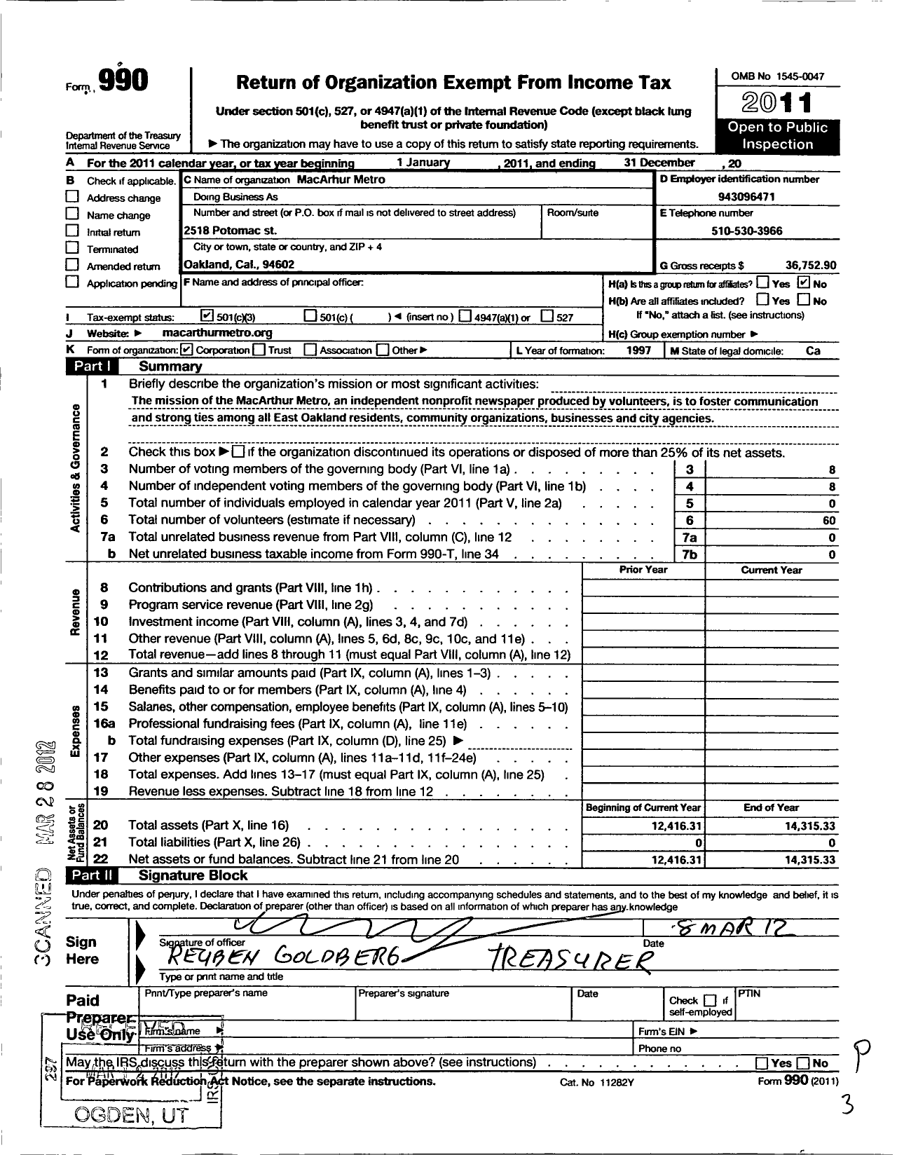 Image of first page of 2011 Form 990 for Macarthur Metro