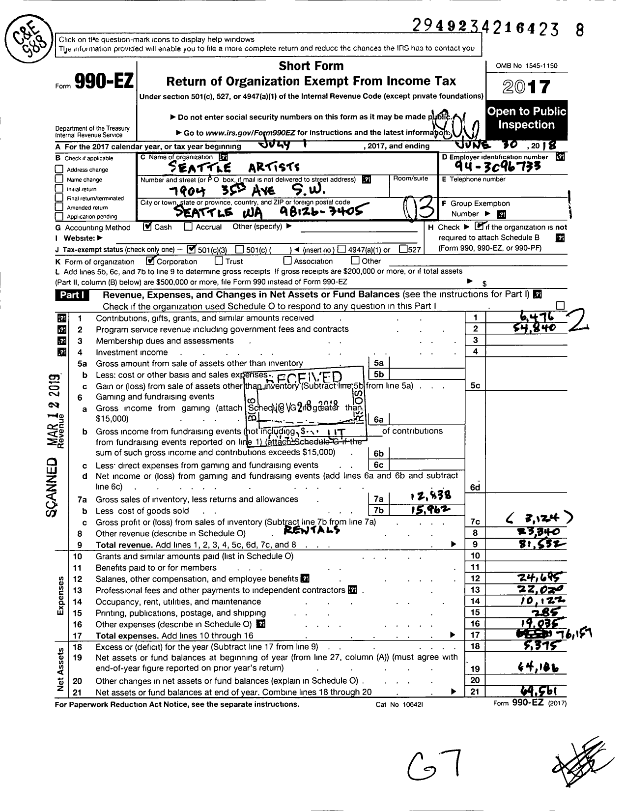 Image of first page of 2017 Form 990EZ for Seattle Artists