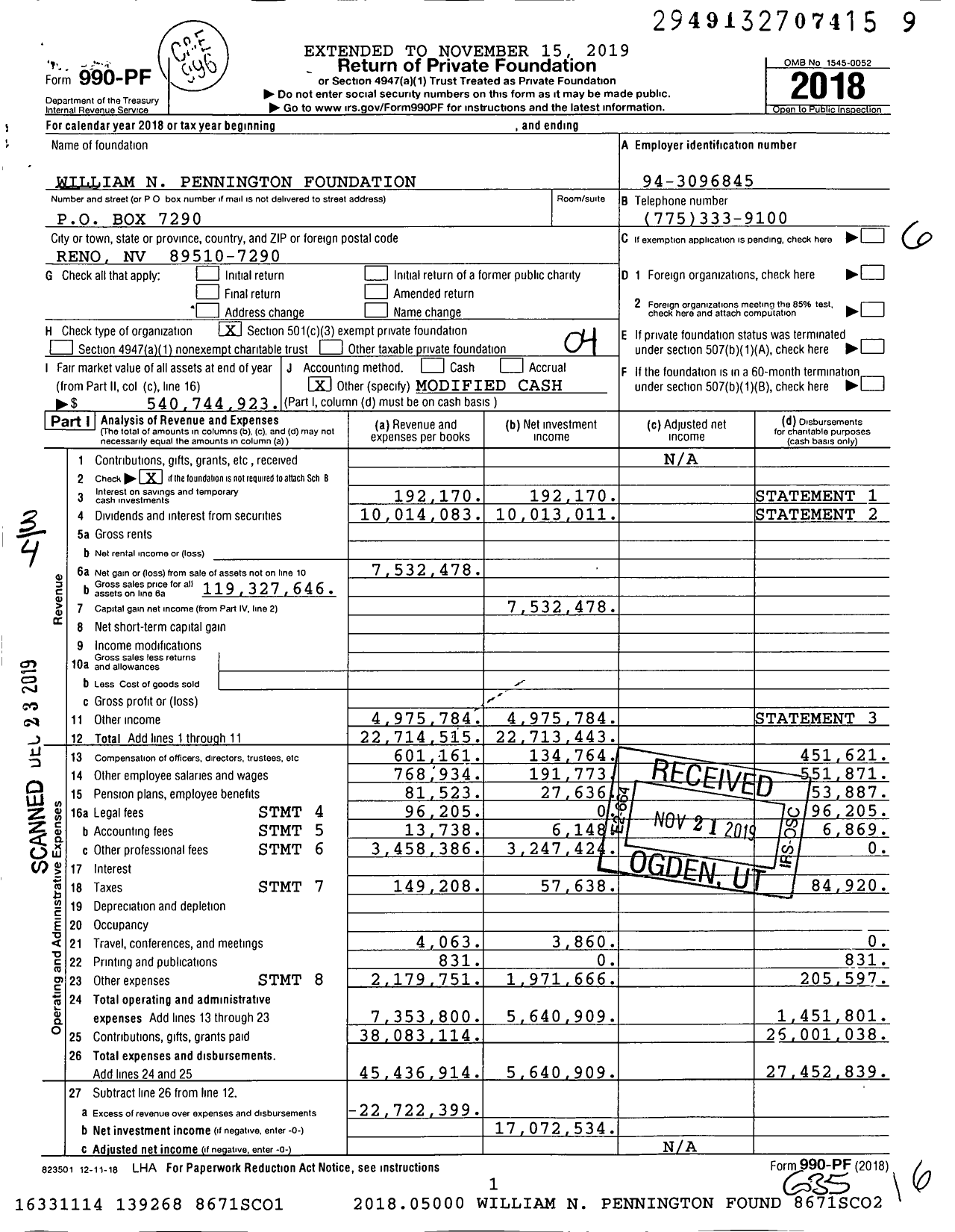 Image of first page of 2018 Form 990PF for William N Pennington Foundation