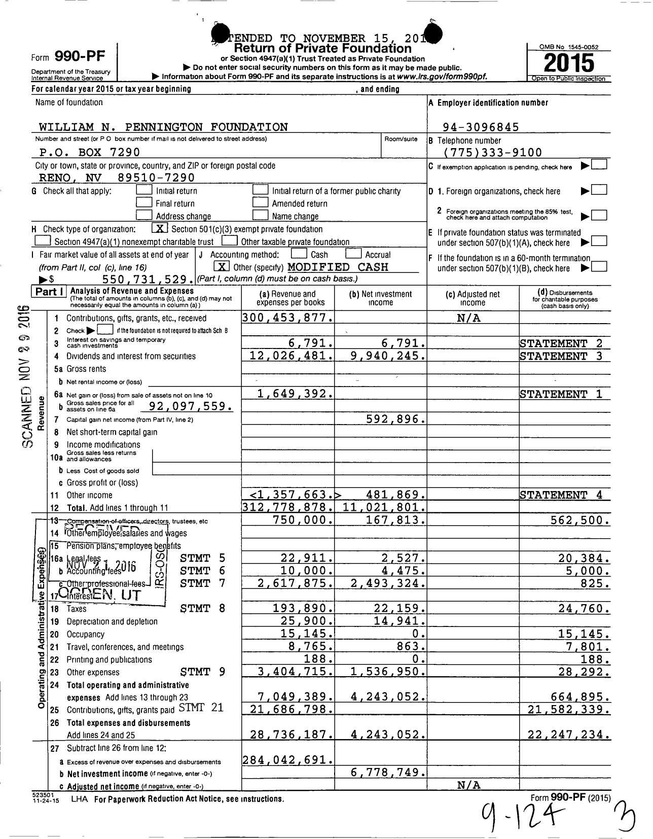 Image of first page of 2015 Form 990PF for William N Pennington Foundation