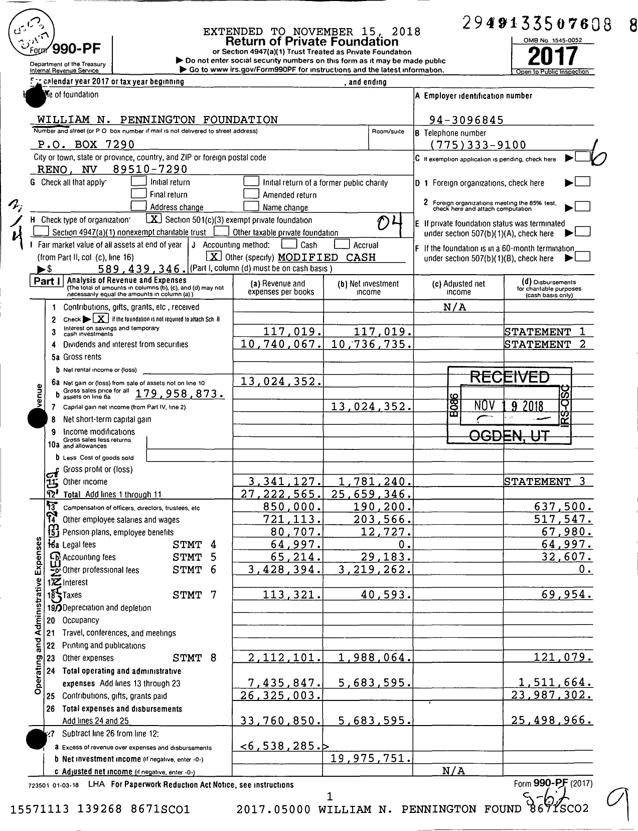 Image of first page of 2017 Form 990PF for William N Pennington Foundation