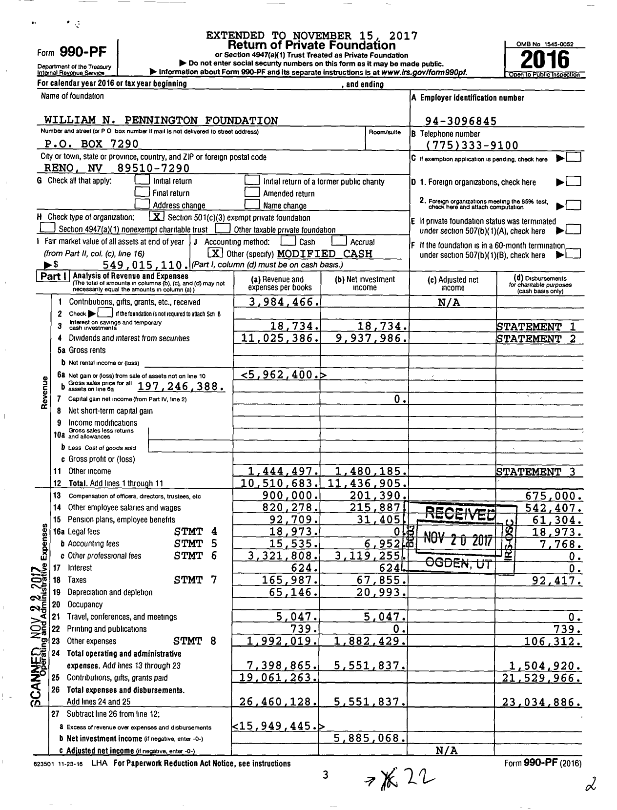 Image of first page of 2016 Form 990PF for William N Pennington Foundation