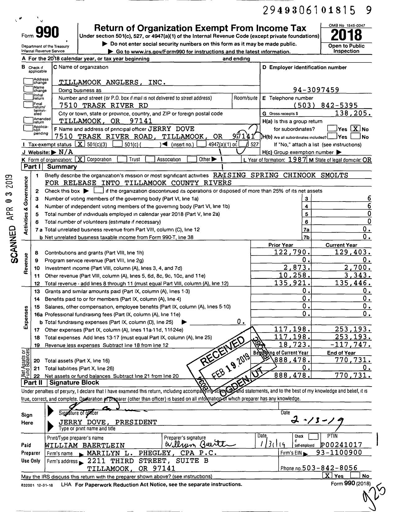 Image of first page of 2018 Form 990 for Tillamook Anglers