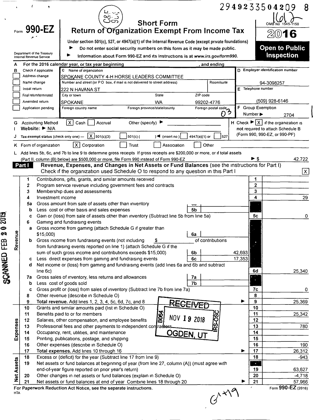 Image of first page of 2016 Form 990EZ for Washington State University / 4-H Horse Project