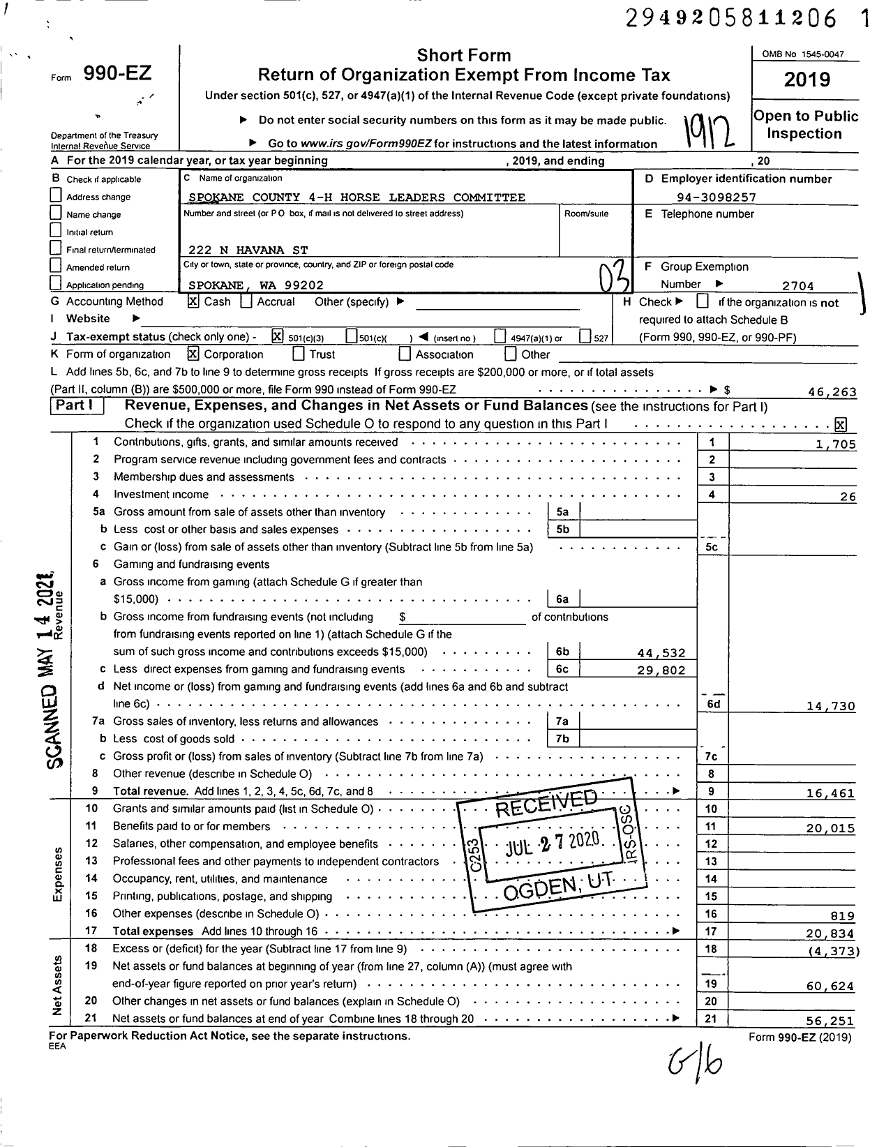 Image of first page of 2019 Form 990EZ for Washington State University / 4-H Horse Project