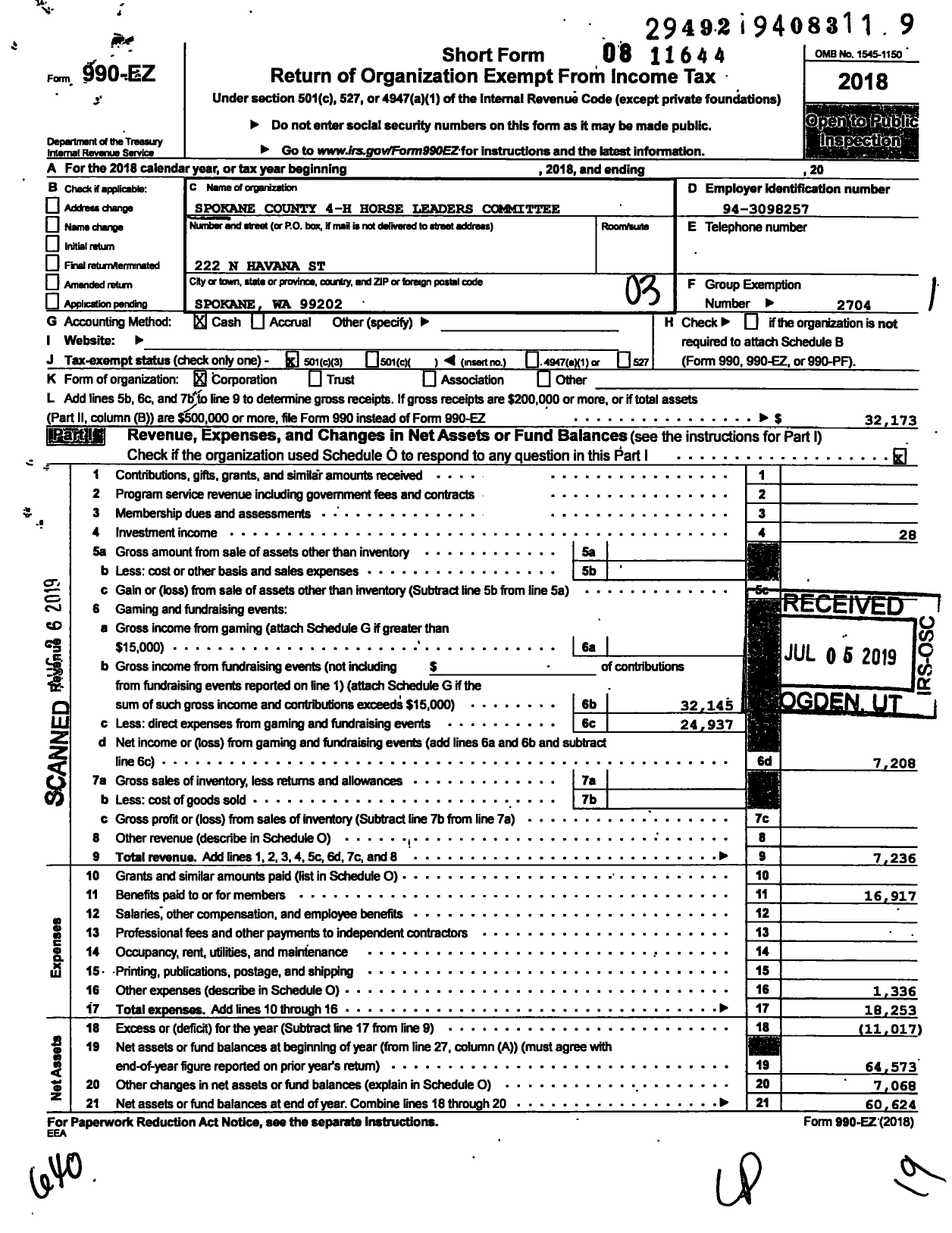 Image of first page of 2018 Form 990EZ for Washington State University / 4-H Horse Project