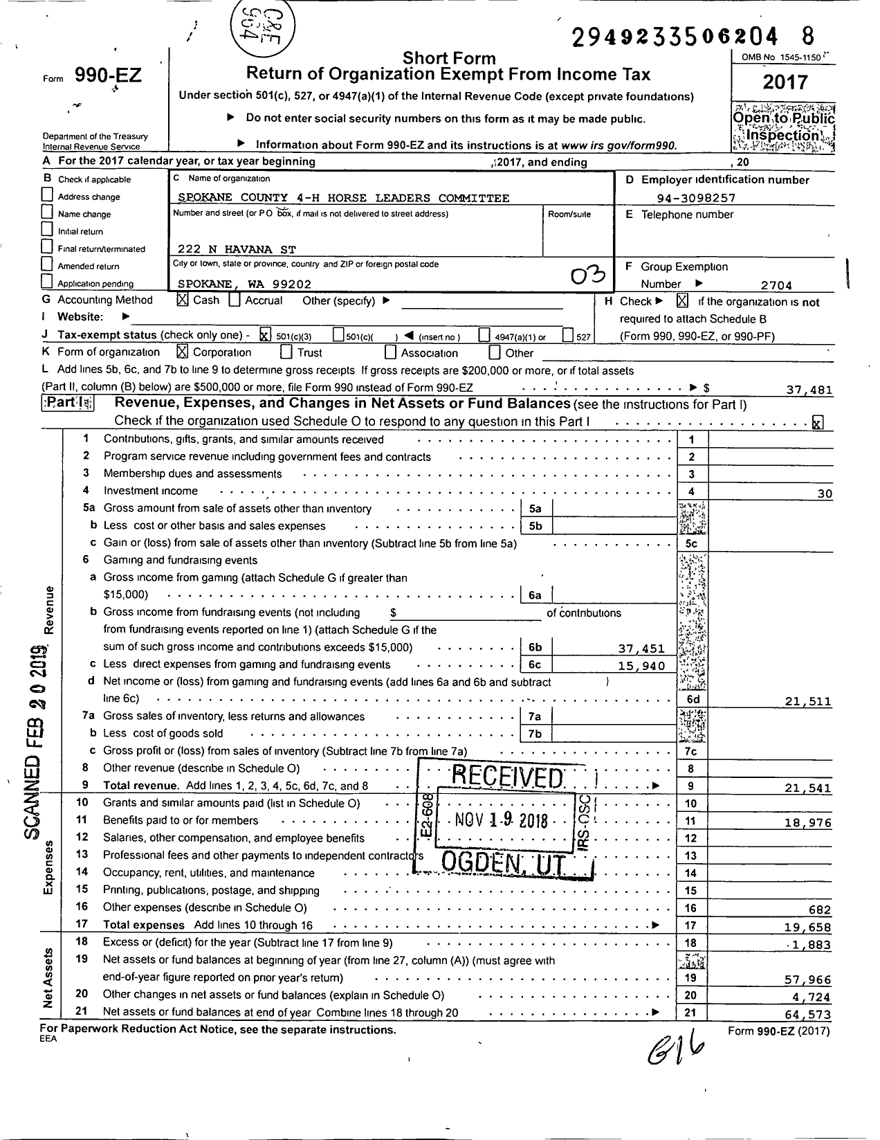 Image of first page of 2017 Form 990EZ for Washington State University / 4-H Horse Project