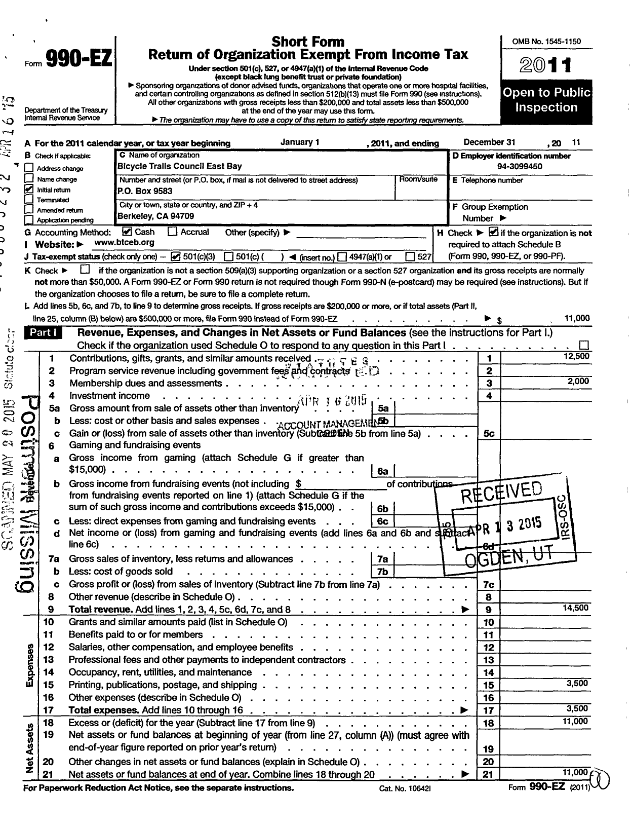 Image of first page of 2011 Form 990EZ for The Bicycle Trails Council of the East Bay