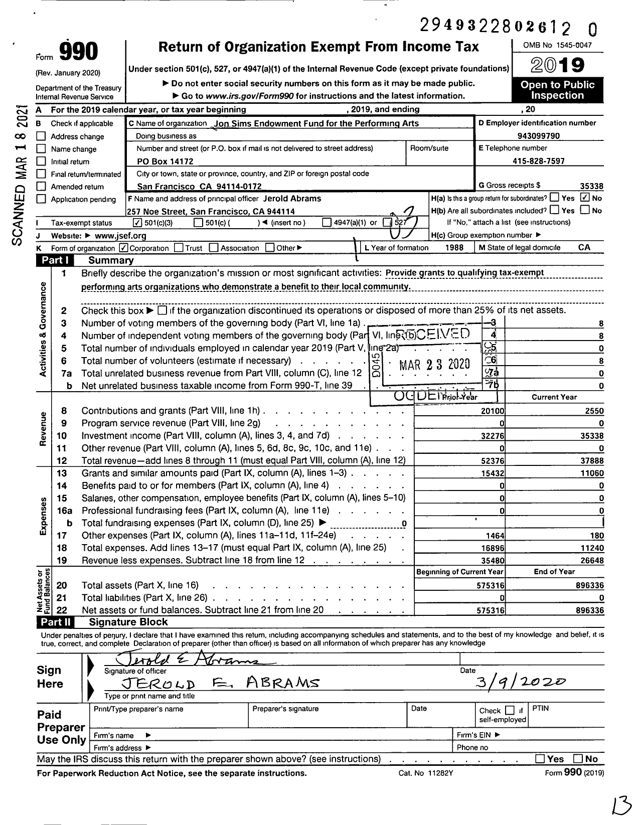 Image of first page of 2019 Form 990 for Jon Sims Endowment Fund