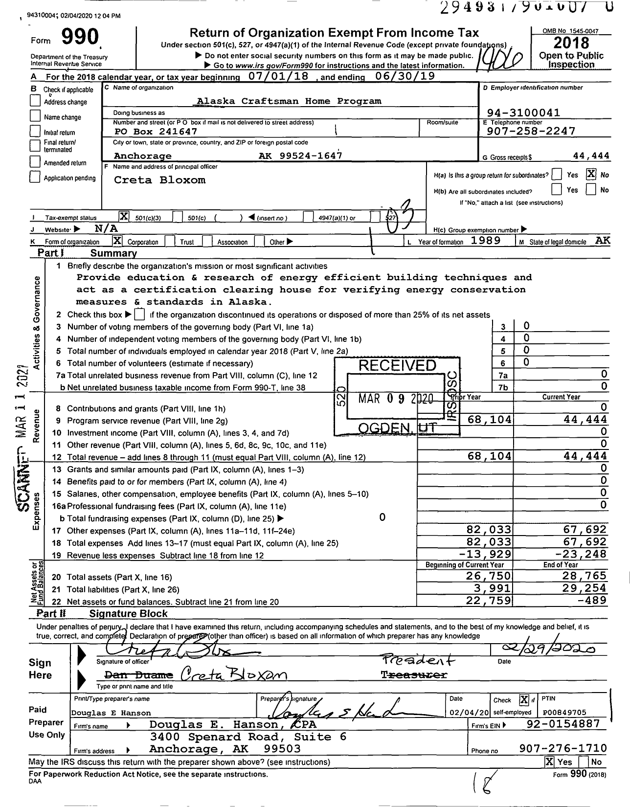 Image of first page of 2018 Form 990 for Alaska Craftsman Home Program