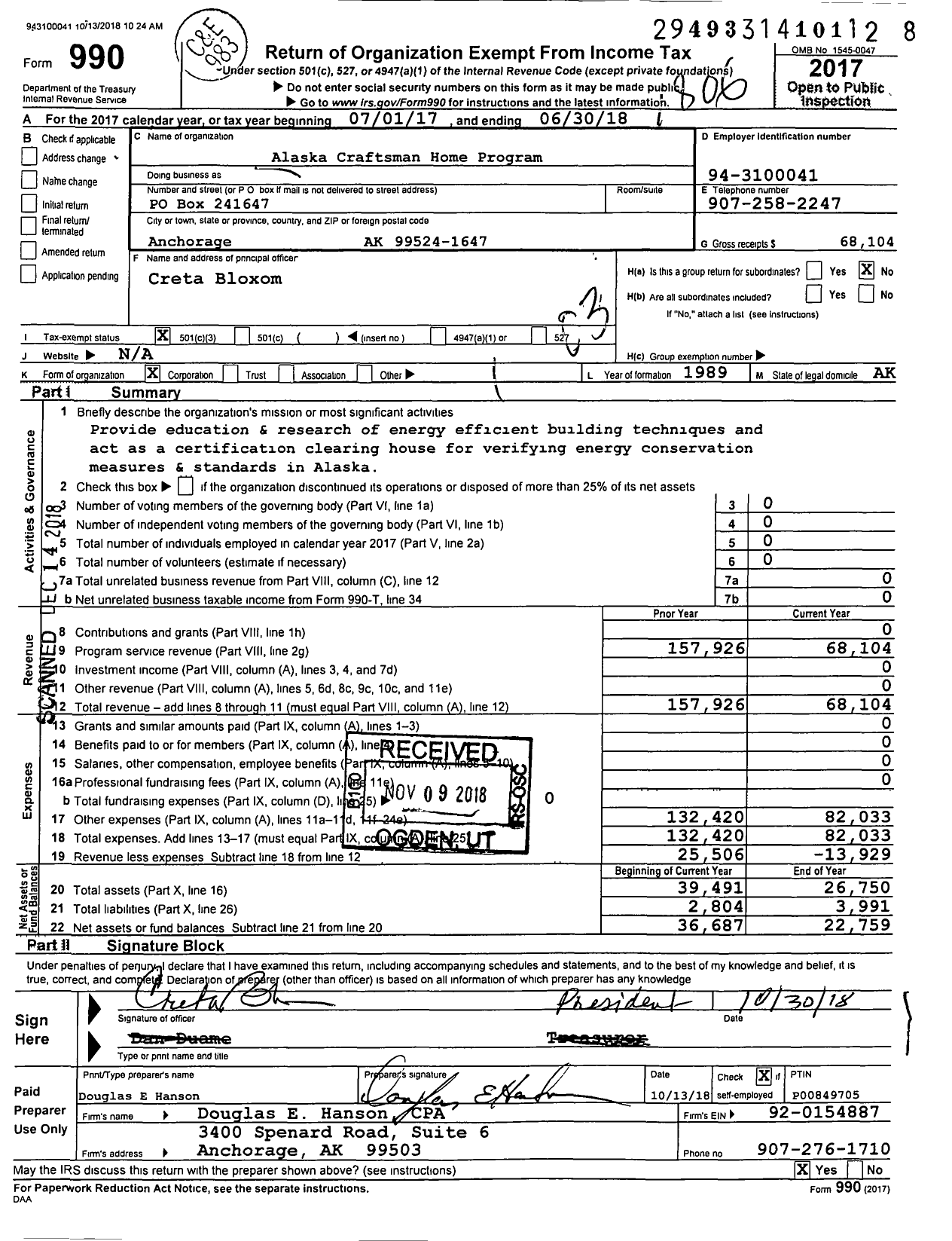 Image of first page of 2017 Form 990 for Alaska Craftsman Home Program