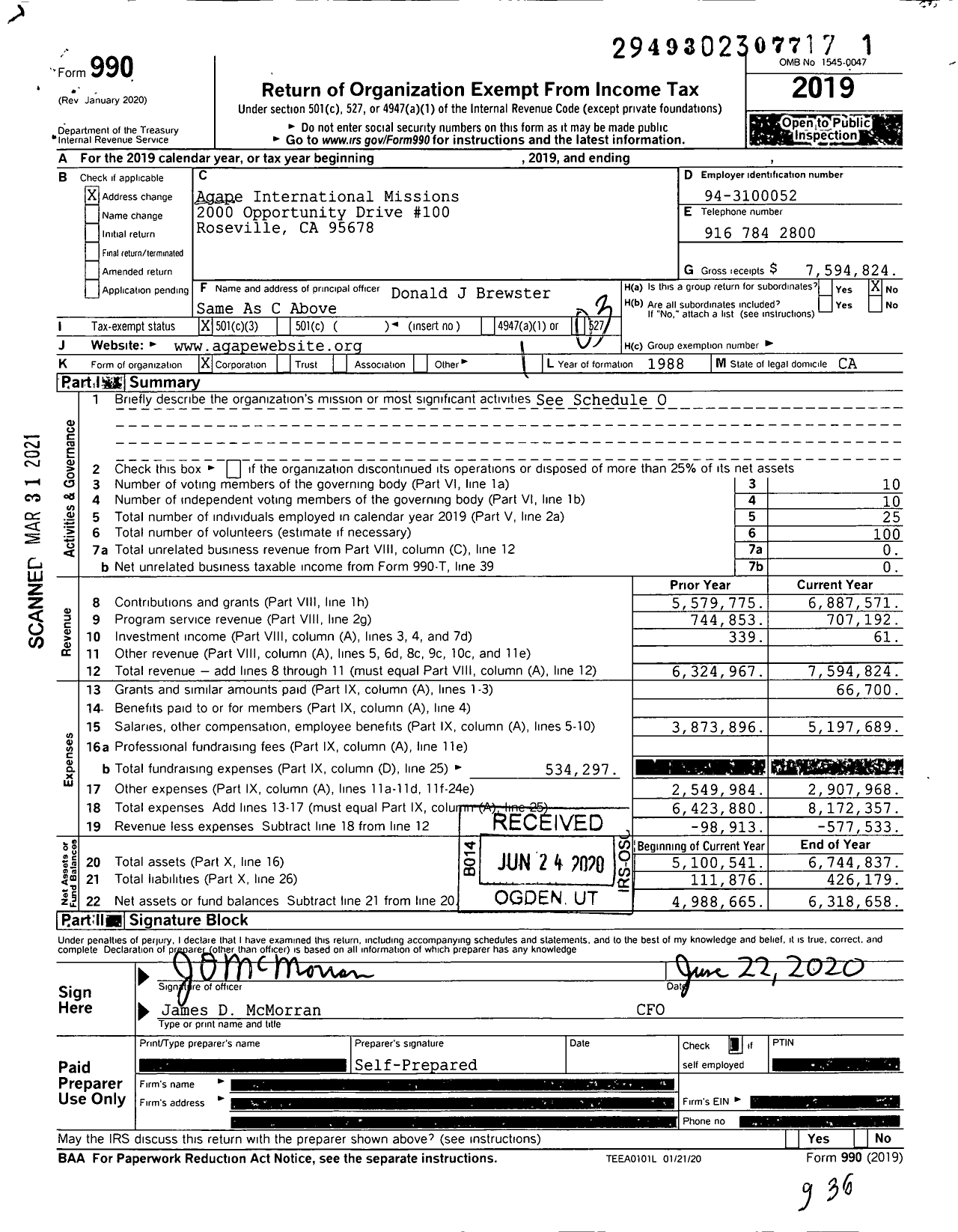 Image of first page of 2019 Form 990 for Agape International Missions / Co Moses Samol Seth