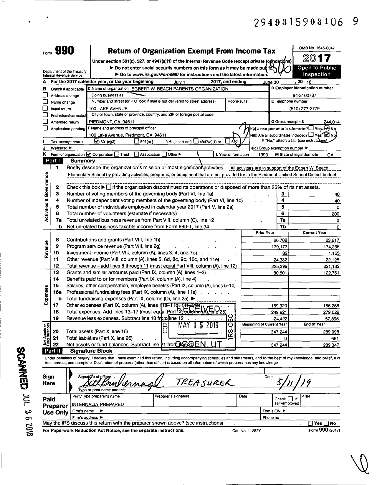 Image of first page of 2017 Form 990 for Egbert W Beach Parents Organization