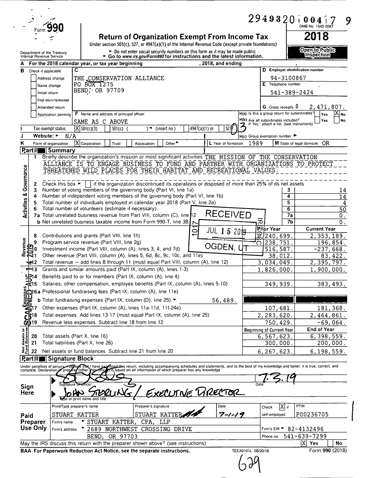 Image of first page of 2018 Form 990 for The Conservation Alliance