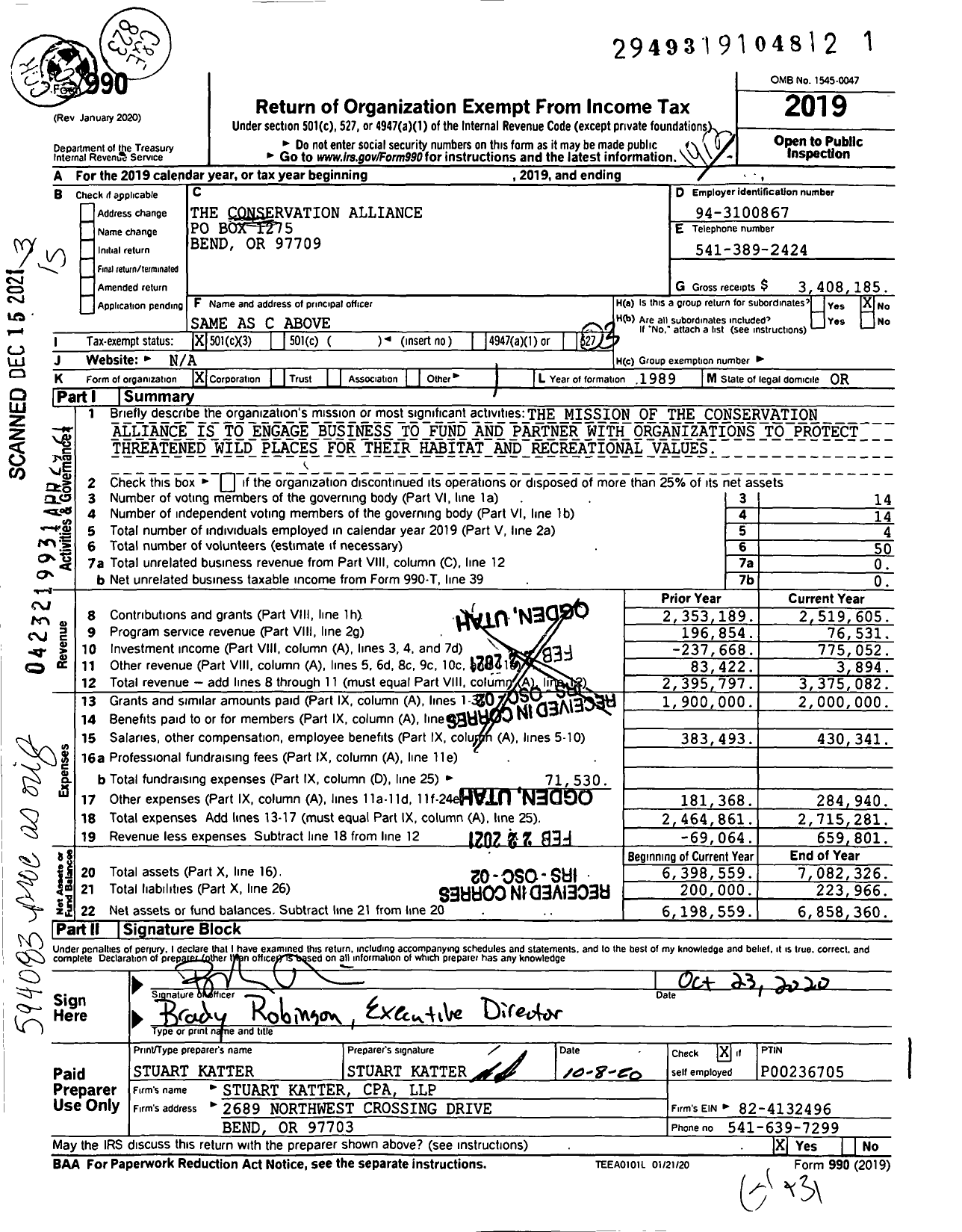 Image of first page of 2019 Form 990 for The Conservation Alliance