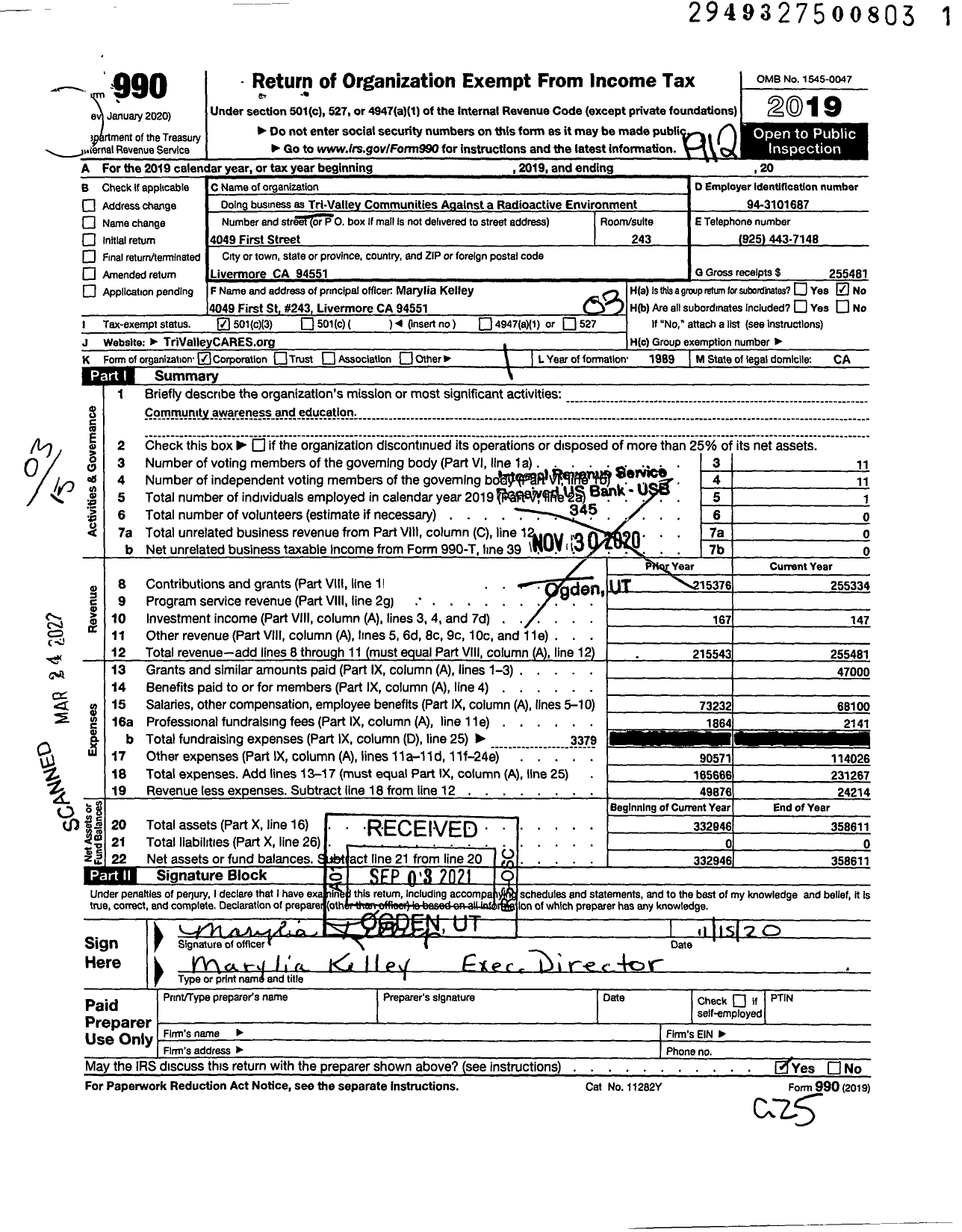 Image of first page of 2019 Form 990 for Tri-Valley Communities Against a Radioactive Environment