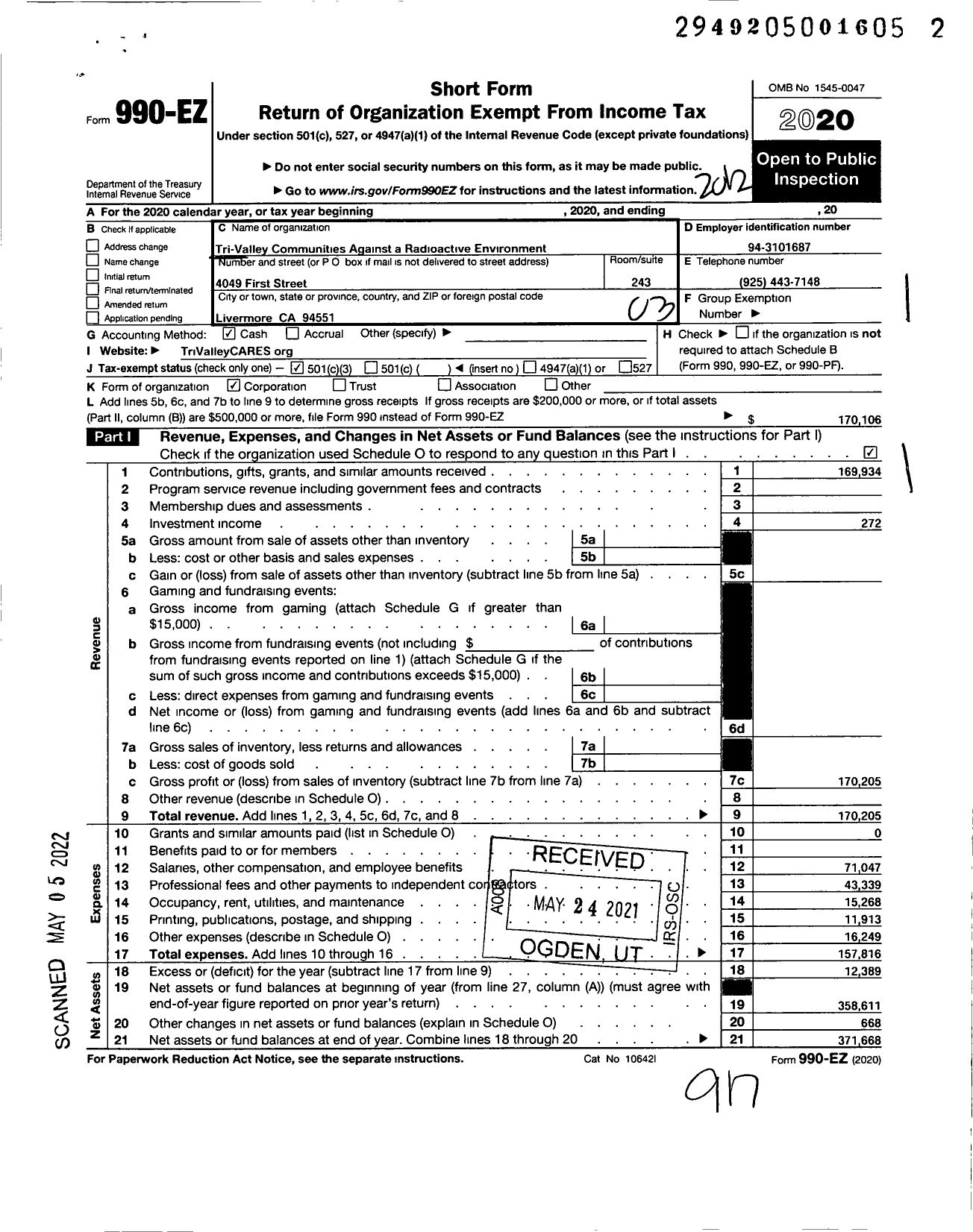 Image of first page of 2020 Form 990EZ for Tri-Valley Communities Against a Radioactive Environment