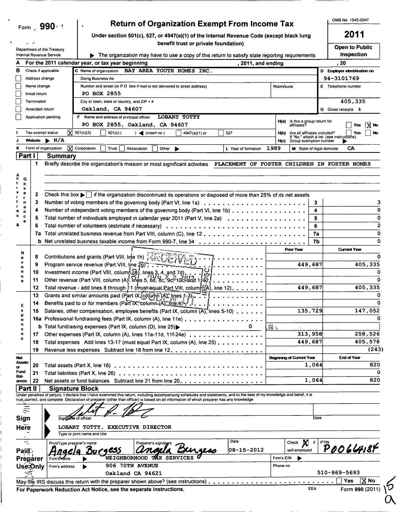 Image of first page of 2011 Form 990 for Bay Area Youth Homes