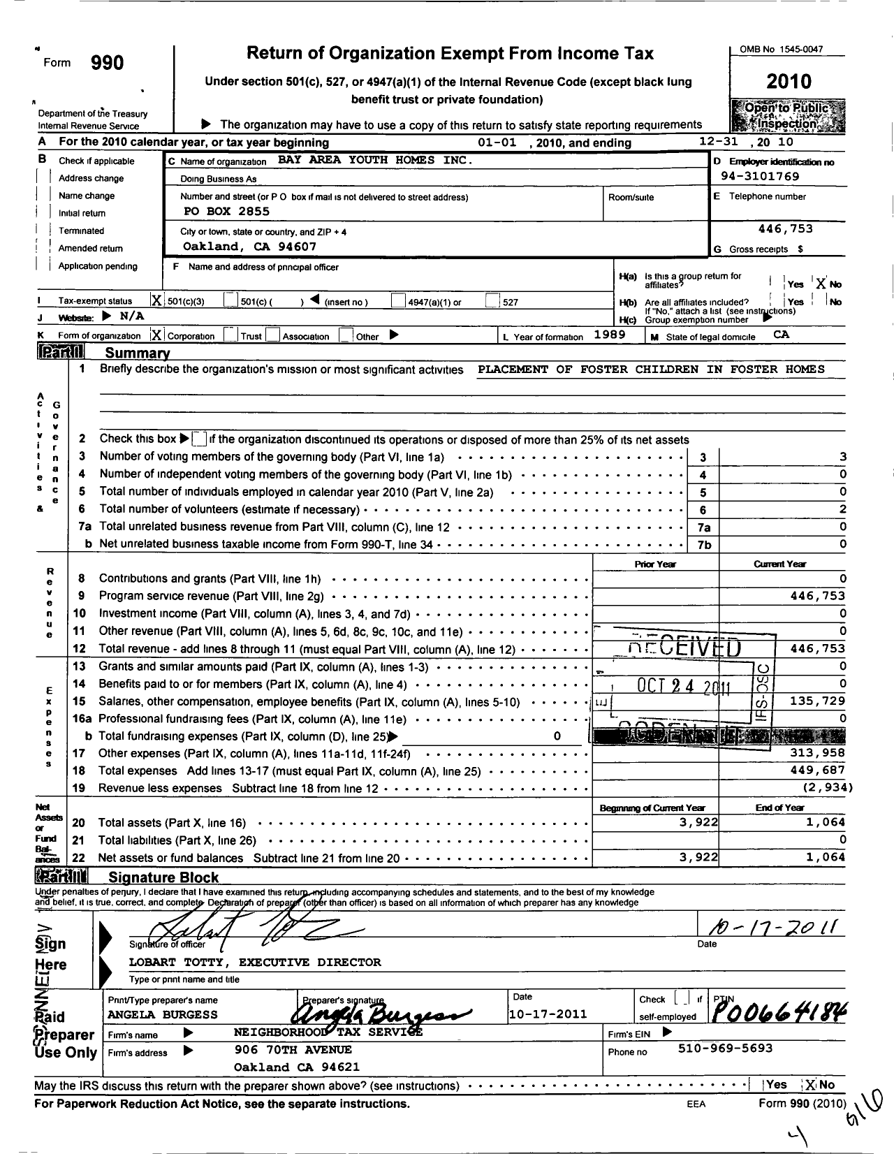 Image of first page of 2010 Form 990 for Bay Area Youth Homes