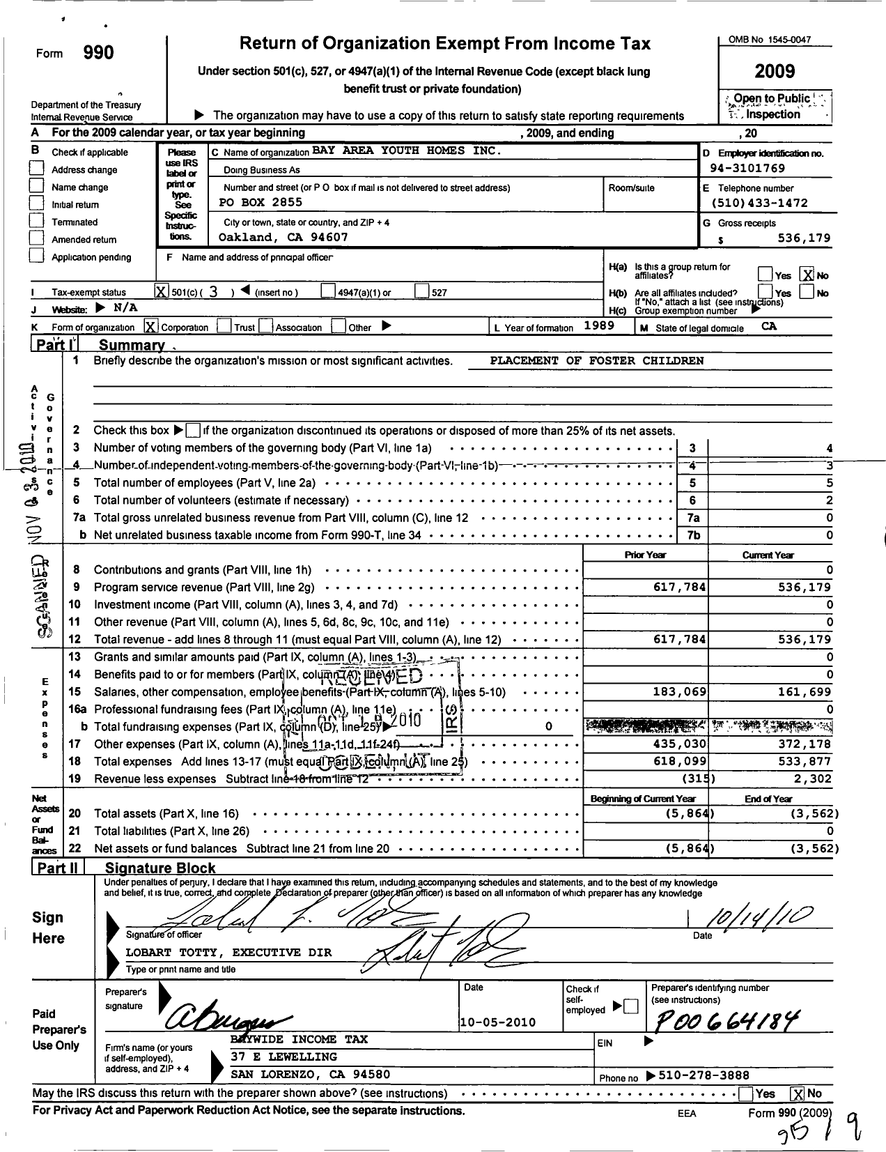 Image of first page of 2009 Form 990 for Bay Area Youth Homes