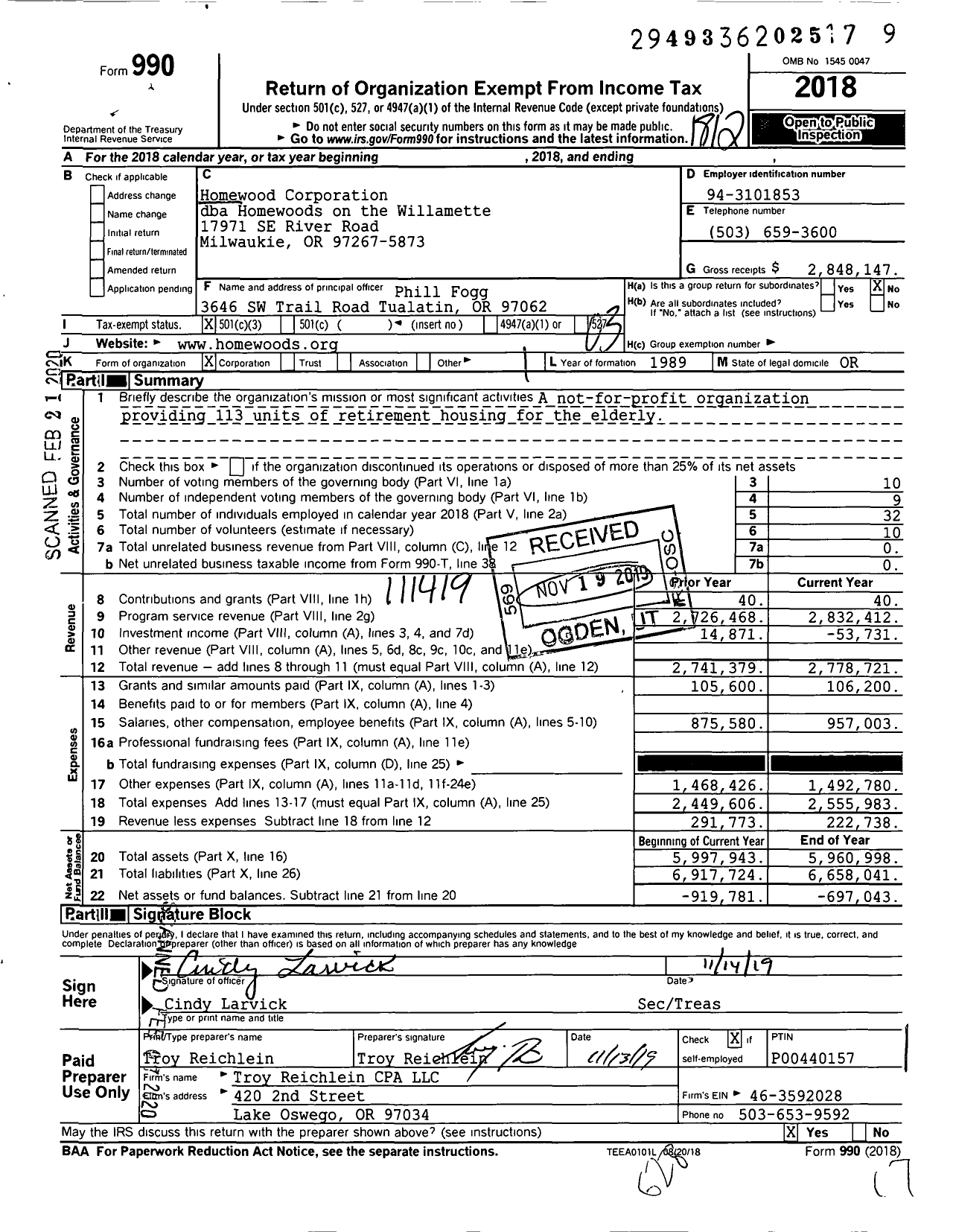 Image of first page of 2018 Form 990 for Homewoods on the Willamette