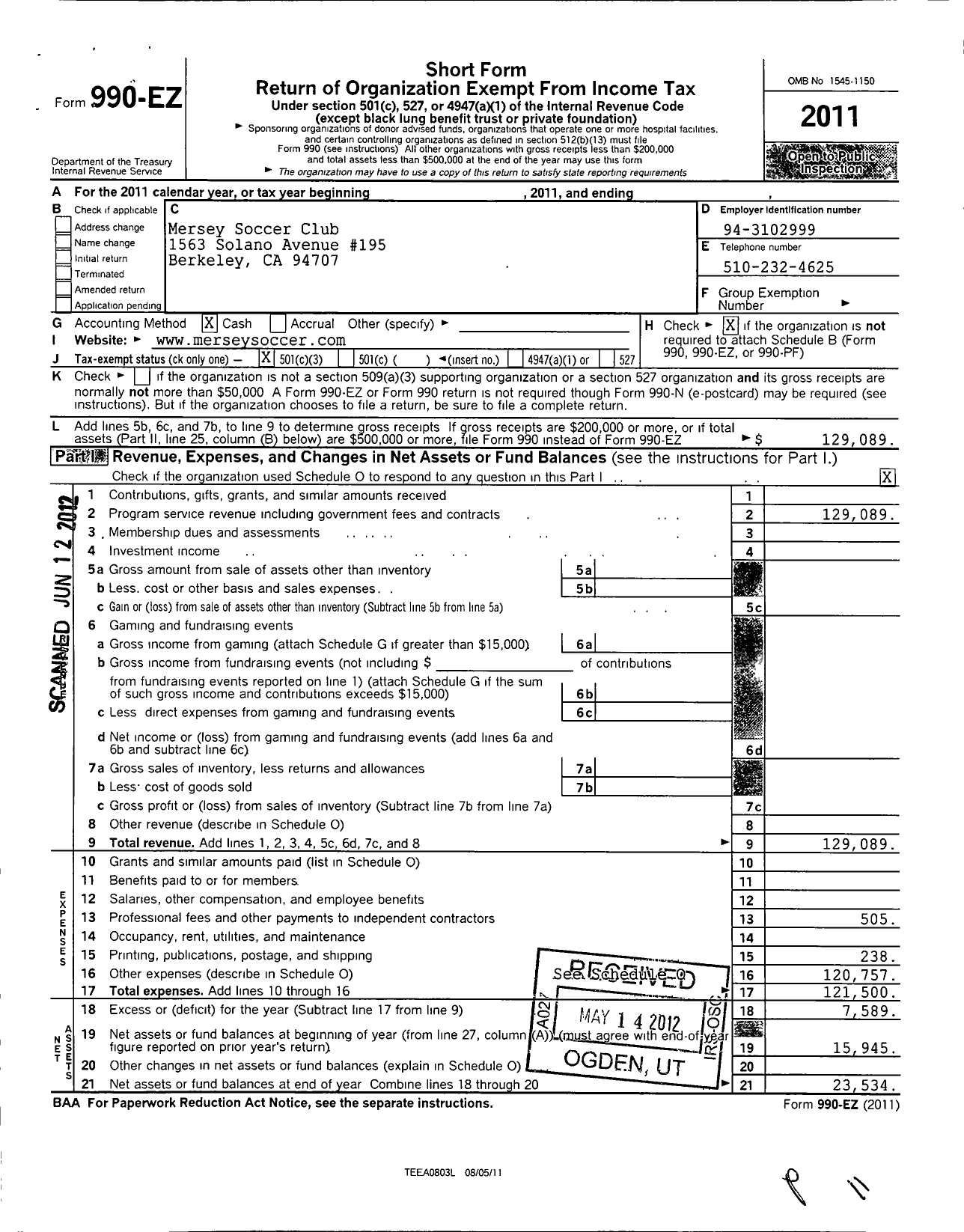 Image of first page of 2011 Form 990EZ for Mersey Soccer Club