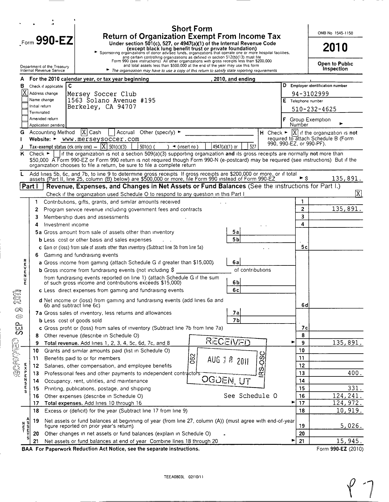 Image of first page of 2010 Form 990EZ for Mersey Soccer Club