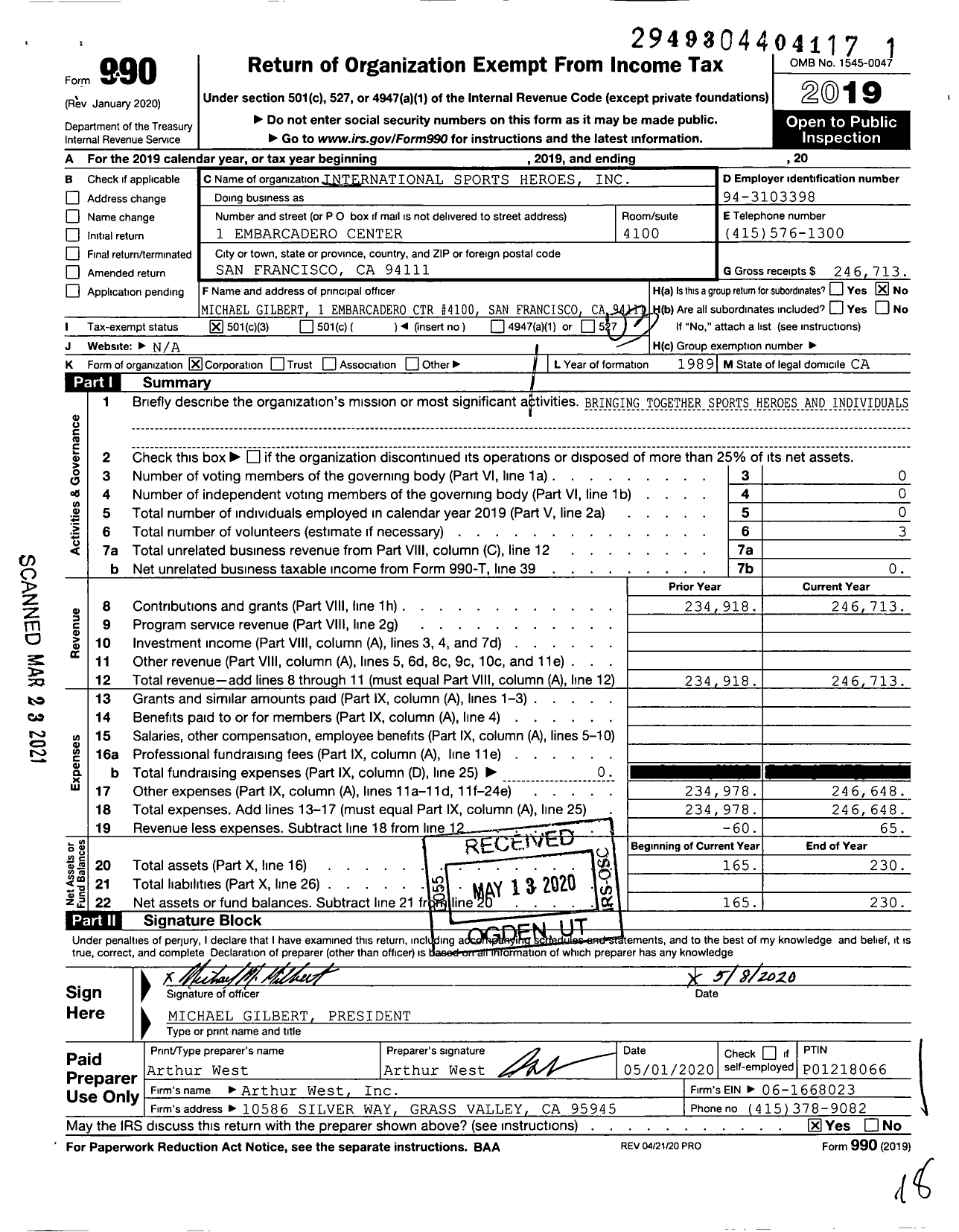 Image of first page of 2019 Form 990 for International Sports Heroes