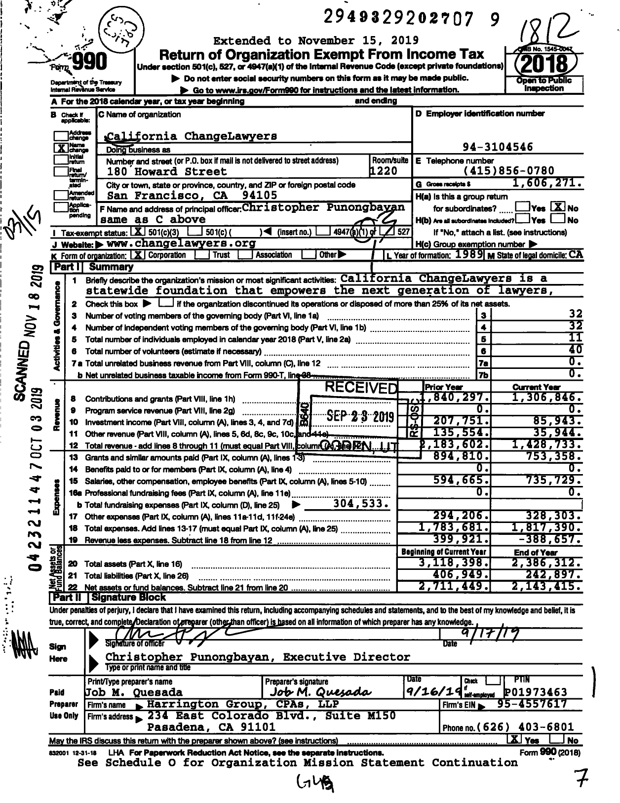 Image of first page of 2018 Form 990 for California ChangeLawyers