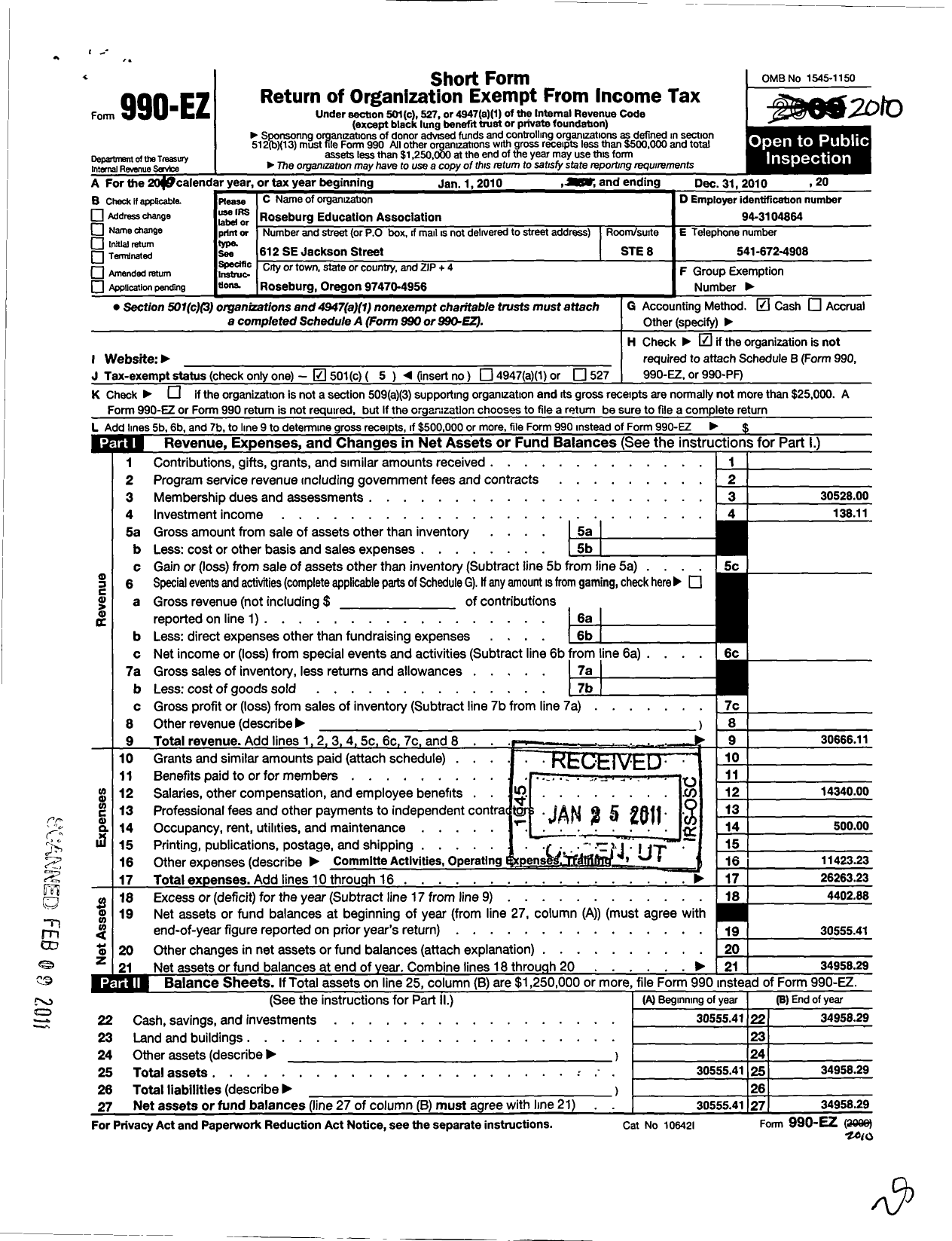 Image of first page of 2010 Form 990EO for Roseburg Education Association