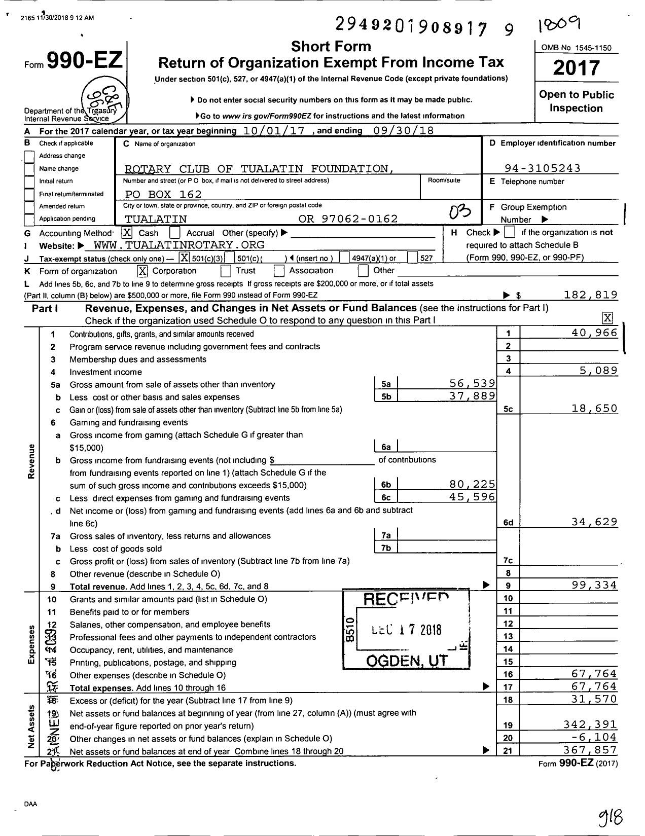 Image of first page of 2017 Form 990EZ for Rotary Club of Tualatin Foundation