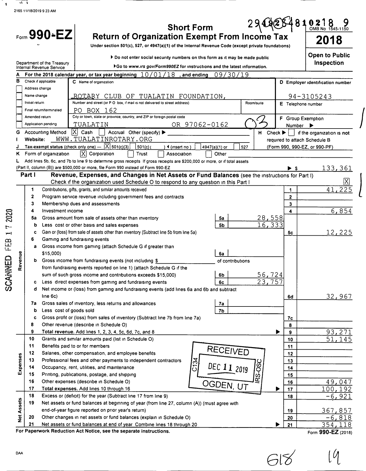 Image of first page of 2018 Form 990EZ for Rotary Club of Tualatin Foundation