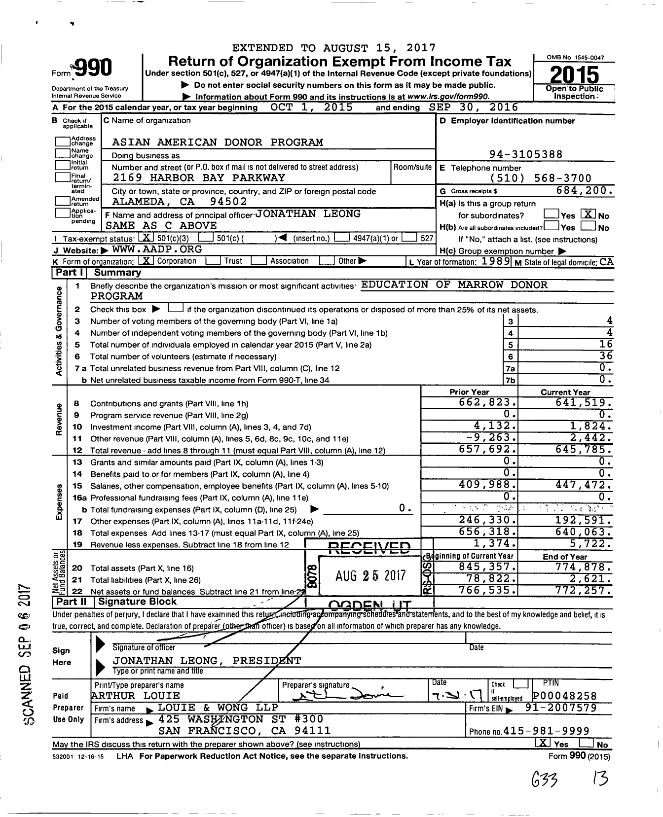 Image of first page of 2015 Form 990 for Asian American Donor Program