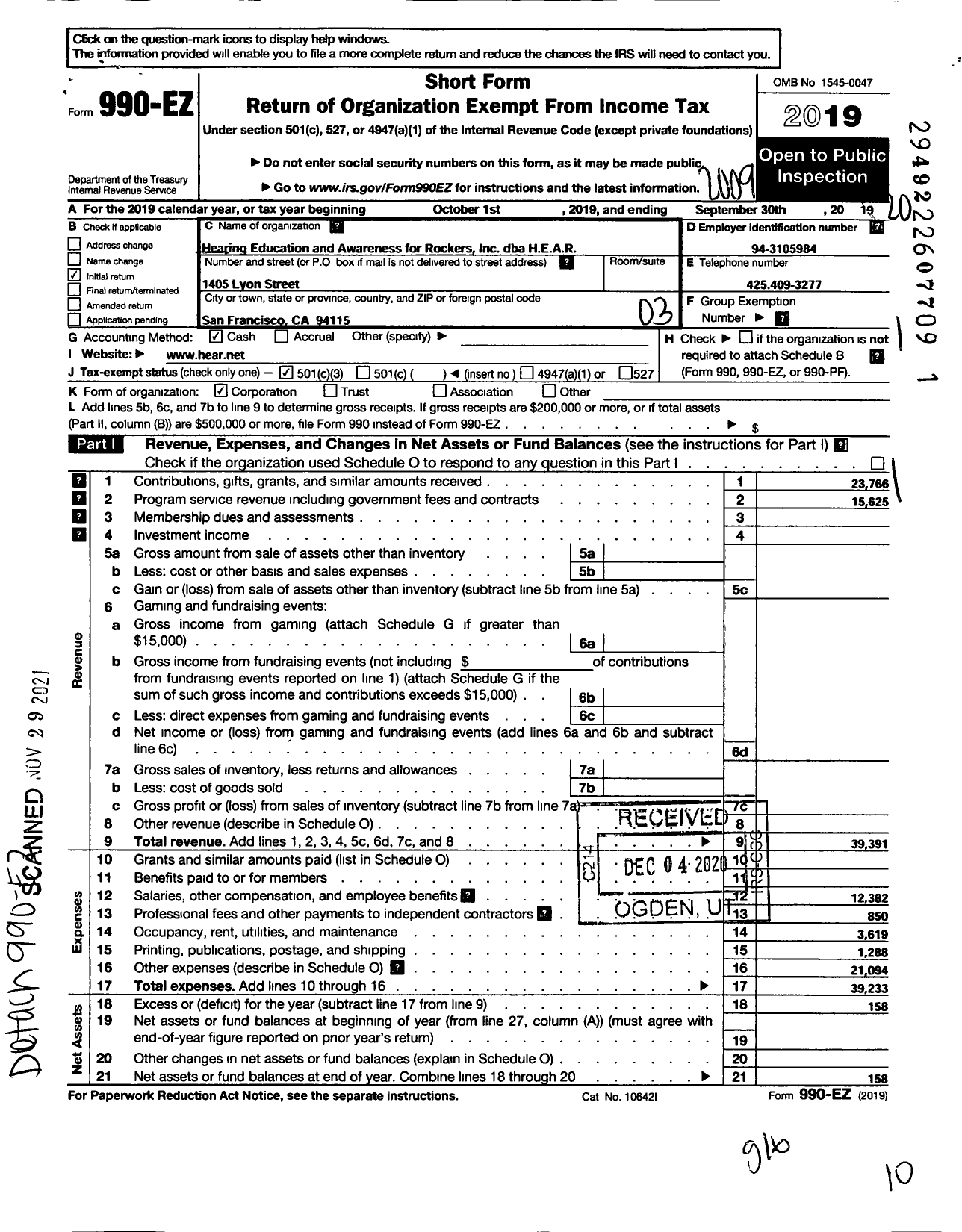 Image of first page of 2019 Form 990EZ for Hearing Education and Awareness for Rockers