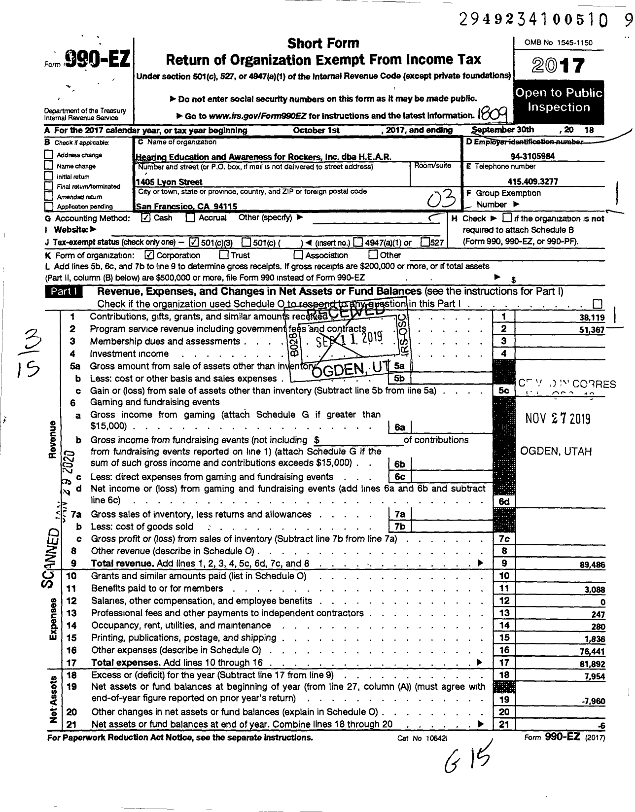 Image of first page of 2017 Form 990EZ for Hearing Education and Awareness for Rockers