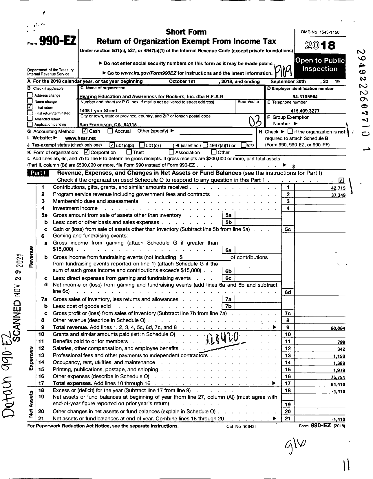 Image of first page of 2018 Form 990EZ for Hearing Education and Awareness for Rockers