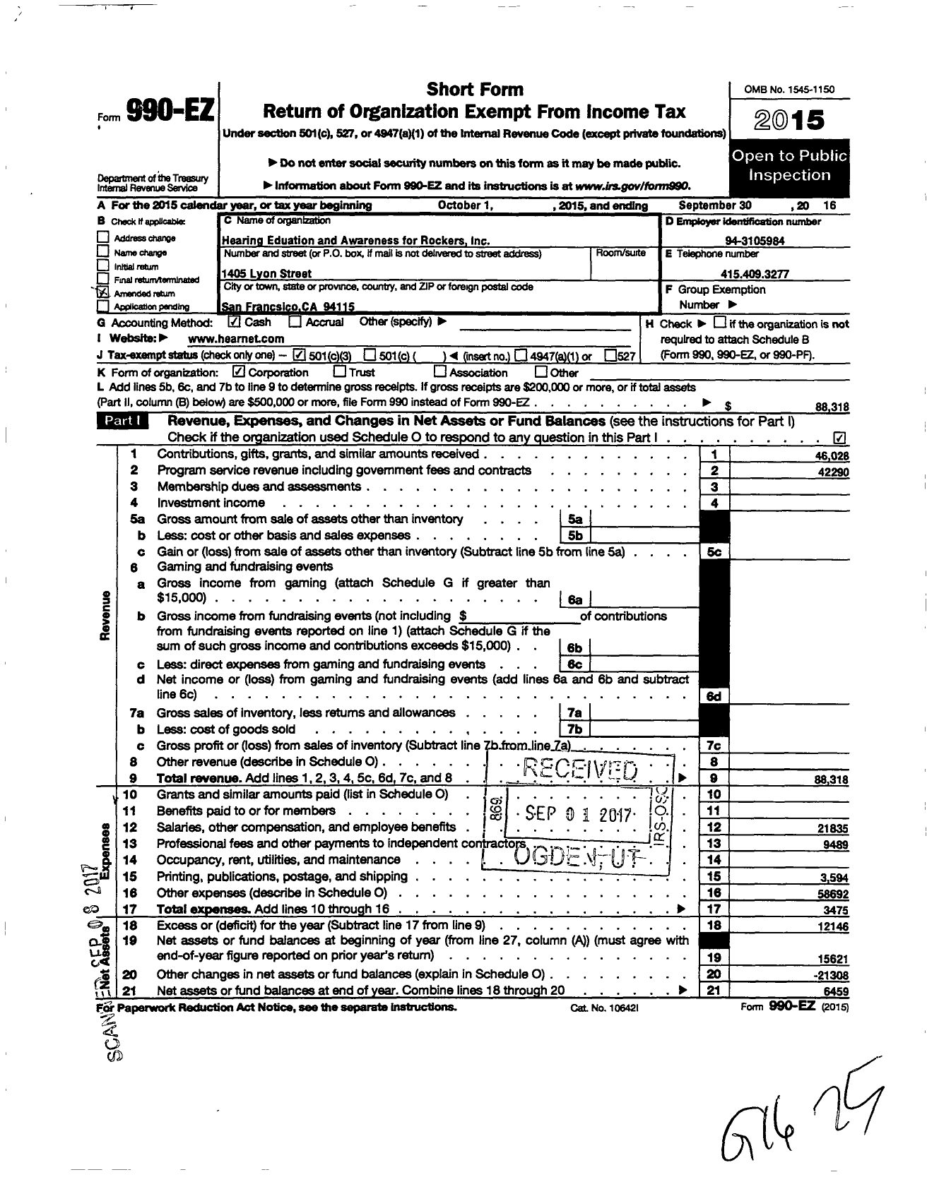 Image of first page of 2015 Form 990EZ for Hearing Education and Awareness for Rockers