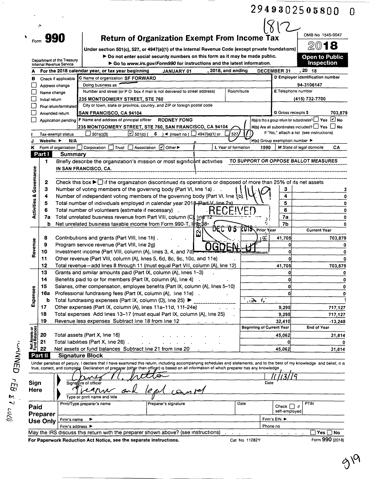 Image of first page of 2018 Form 990O for SF Forward