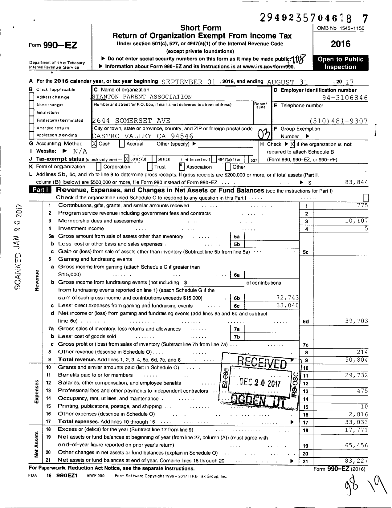 Image of first page of 2016 Form 990EZ for Stanton Parent Association