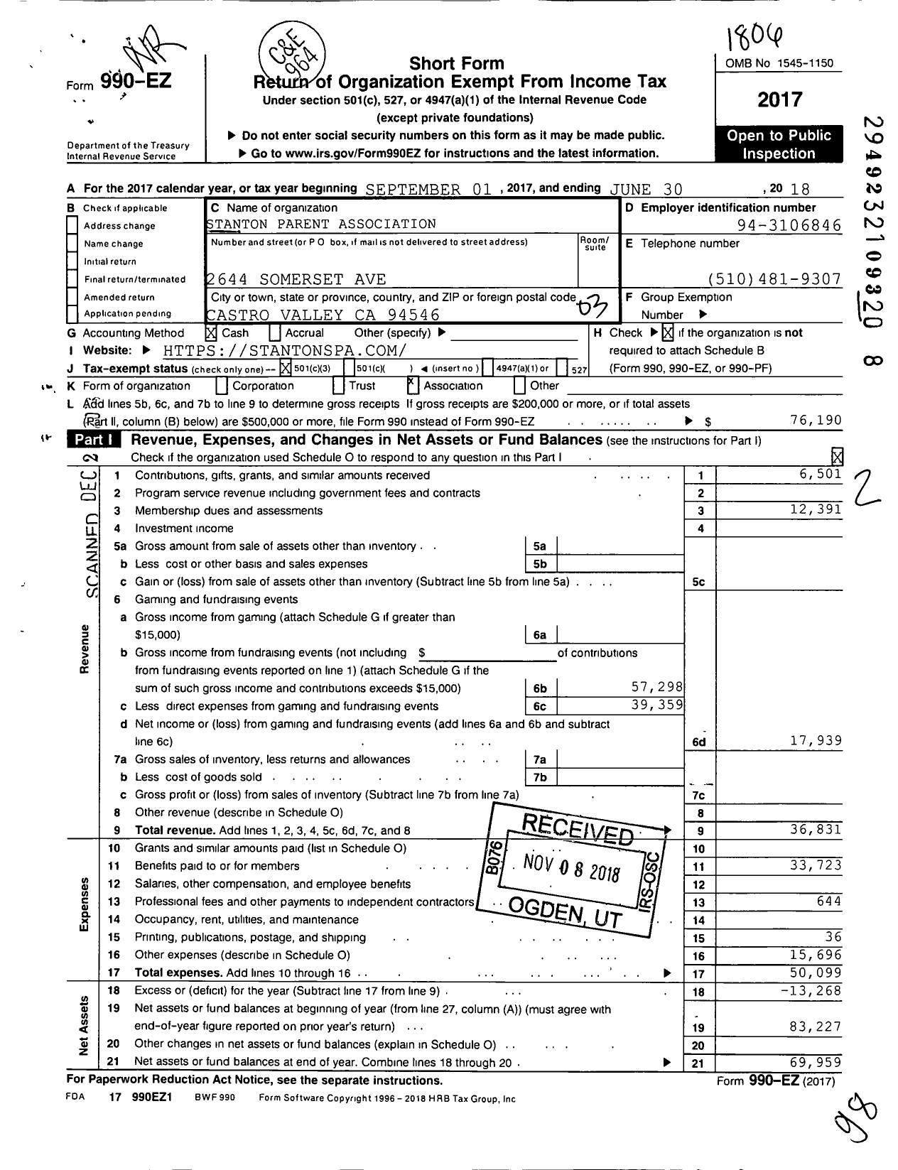 Image of first page of 2017 Form 990EZ for Stanton Parent Association