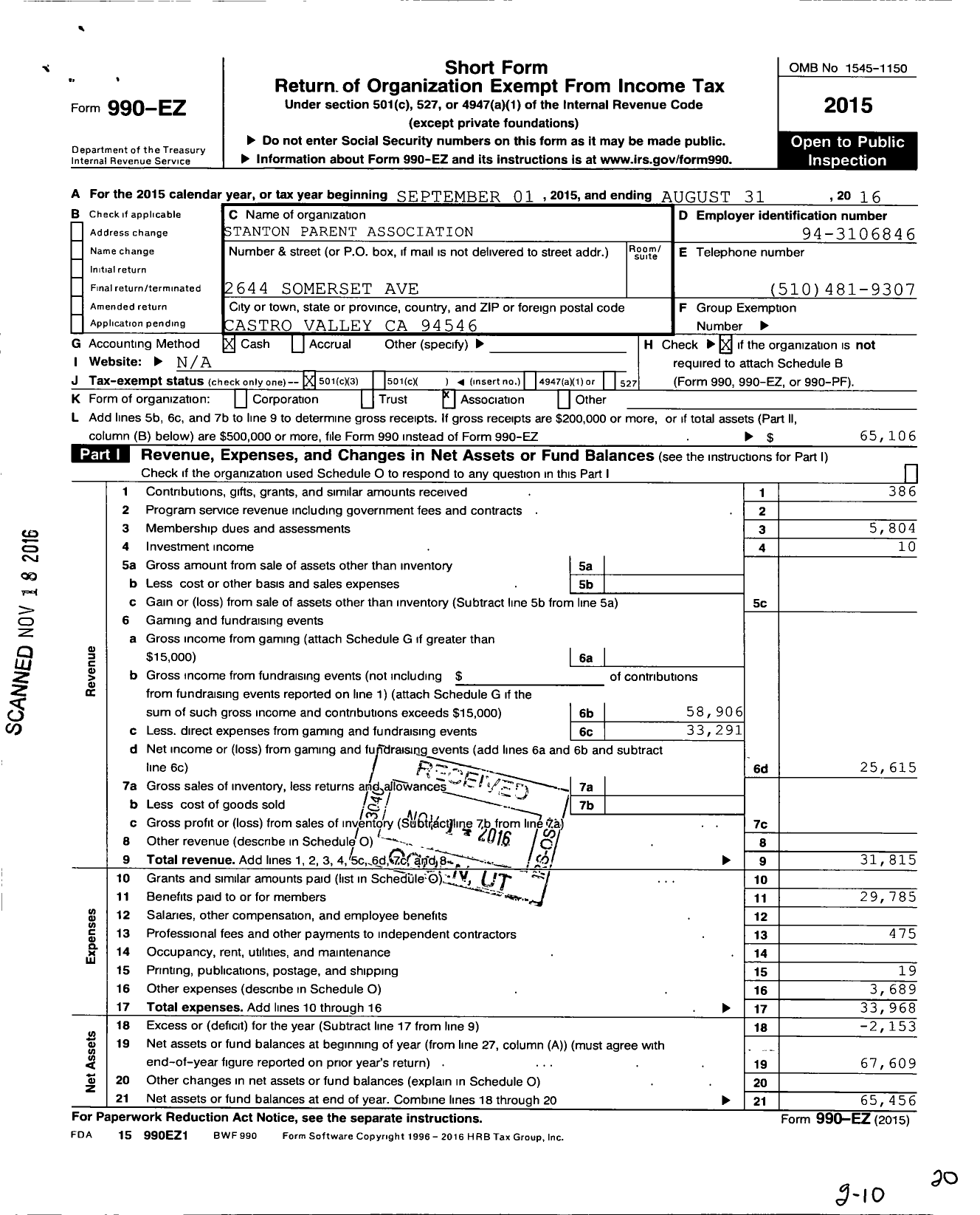 Image of first page of 2015 Form 990EZ for Stanton Parent Association