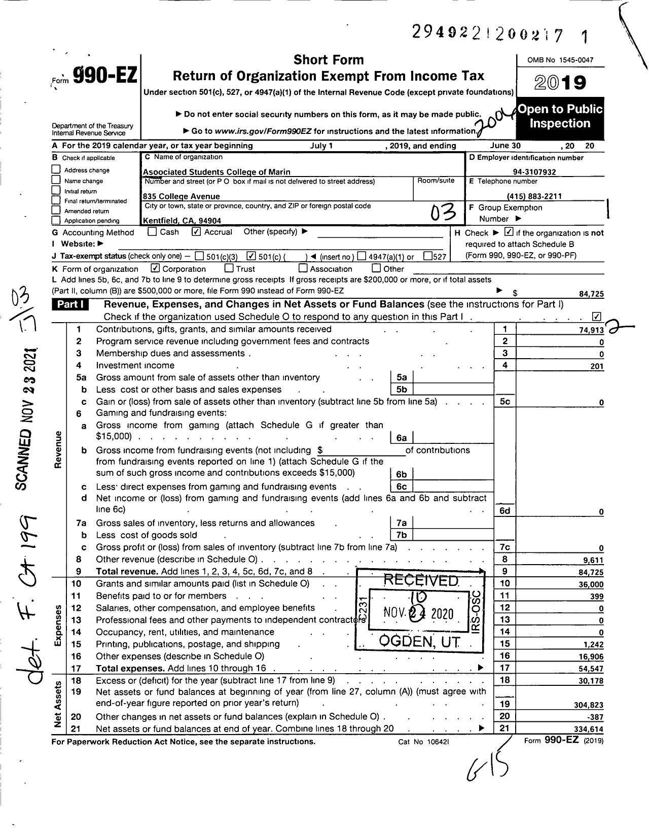 Image of first page of 2019 Form 990EZ for Associated Students College of Marin