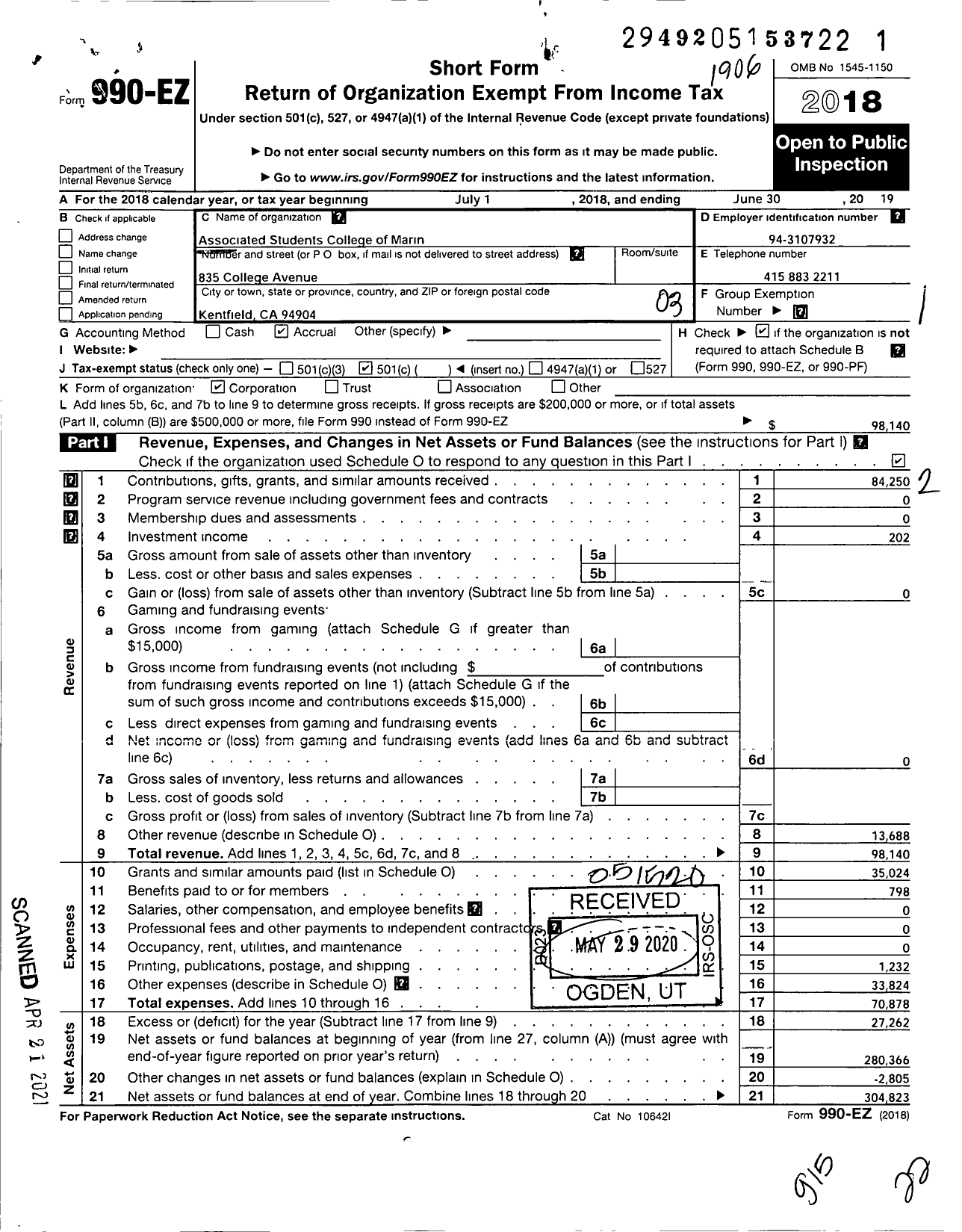 Image of first page of 2018 Form 990EZ for Associated Students College of Marin