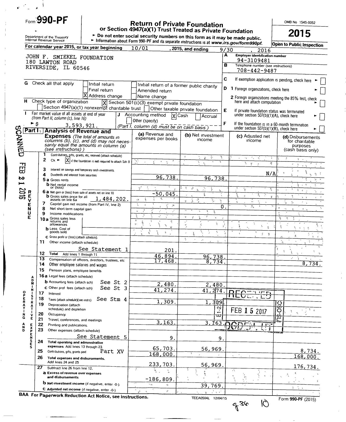 Image of first page of 2015 Form 990PF for John F Smiekel Foundation